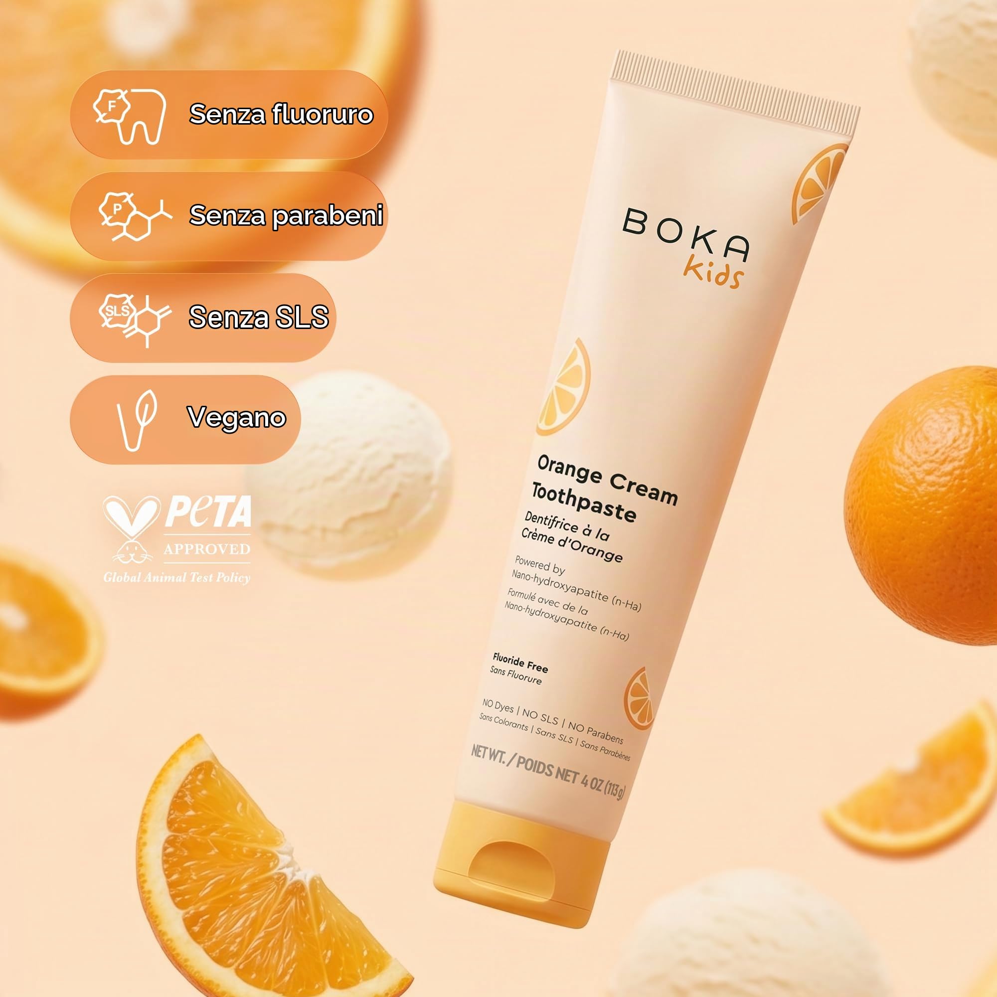 Boka Orange Cream Natural Toothpaste, Nano-Hydroxyapatite for Remineralizing, Sensitivity and Whitening, Fluoride-Free, Dentist Recommended for Kids and Adults, Made in USA, 4oz (Pack of 1)