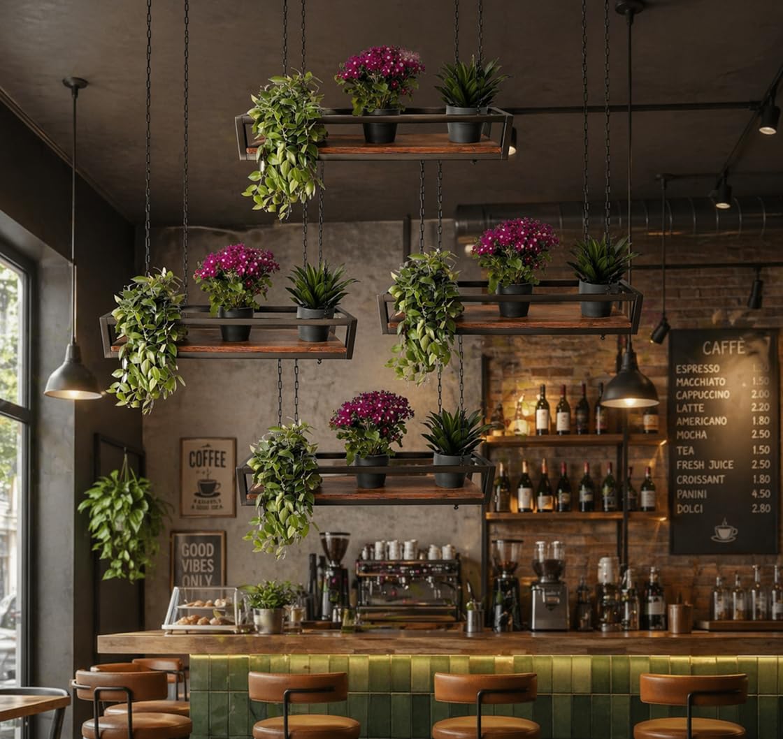 YELLOO - Etagere de Plafond Suspendue avec Chaînes, Idéale Porte-Fleurs, Plantes d'Intérieur, Design Classique et élégant pour Maison, Jardin, Balcon (FLOWERS 95 cm, Marron/Noix)
