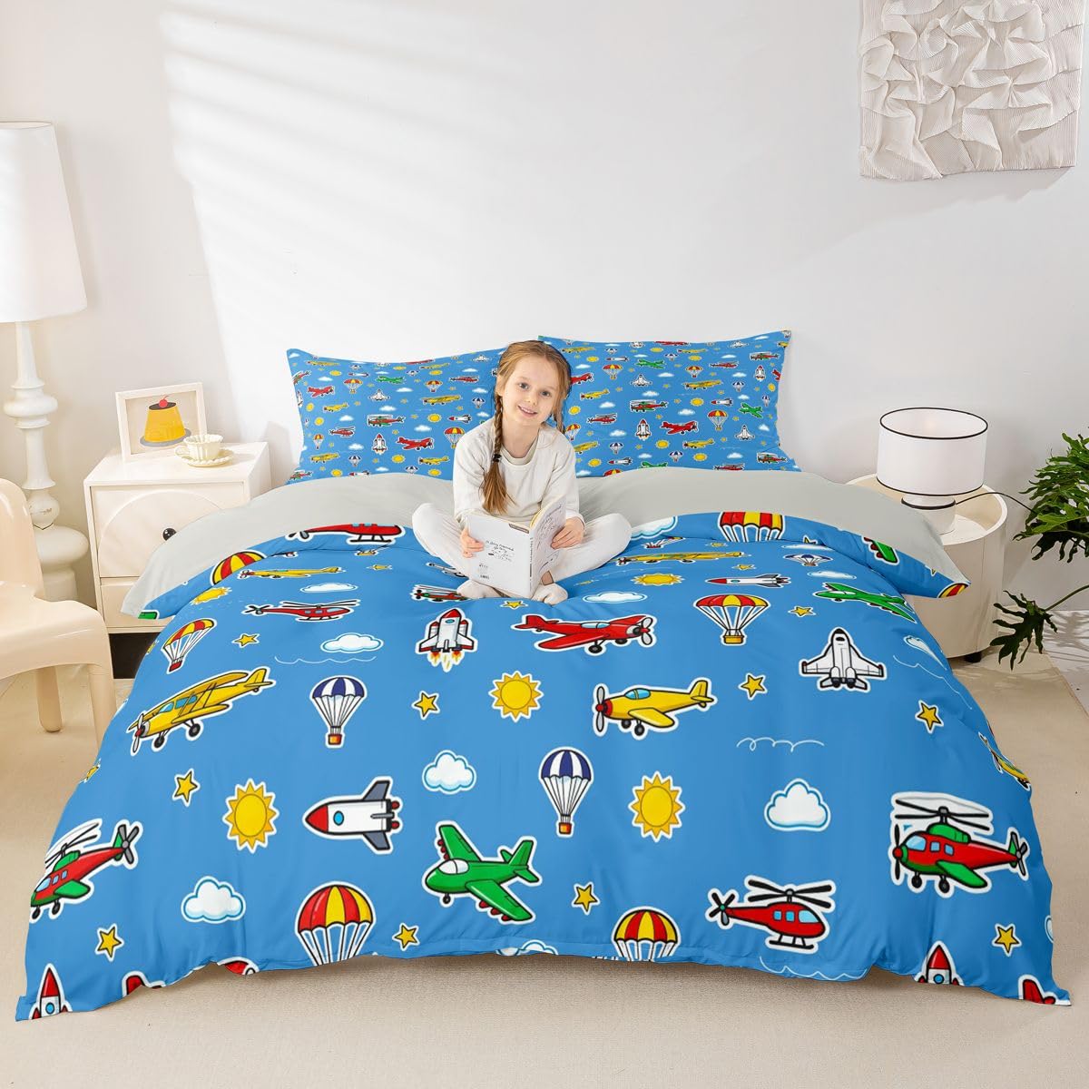 Housse de couette avion pour lit double avec sa taie d'oreiller enfant