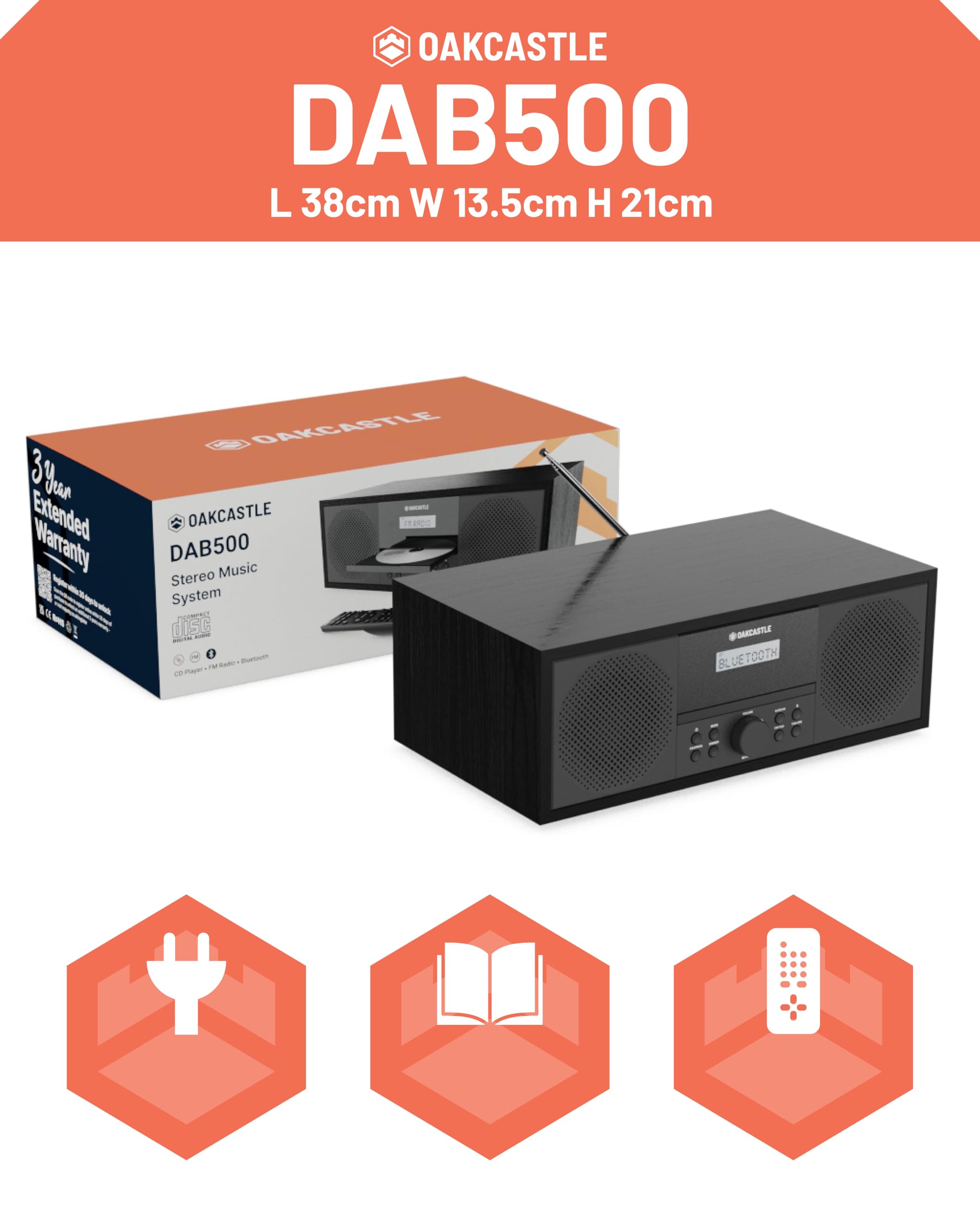 DAB Radio mit CD Player und Bluetooth | 60W Stereoanlage | Kompaktanlage mit USB | CD Player HiFi | UKW Radio Musikanlage | Digitalradio mit CD Player & Fernsteuerung | Küchenradio | OAKCASTLE DAB500
