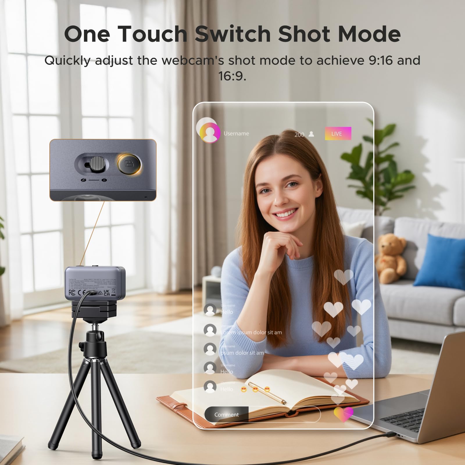 UGREEN FineCam 4K, Autofokus, Podwójny Mikrofon, Face AE | UHD Kamera 4K 30FPS, 70°FOV, Face AE, Redukcja Szumów, Tryb Portretowy, Statyw, USB-C, PC/Laptop/Windows/Mac