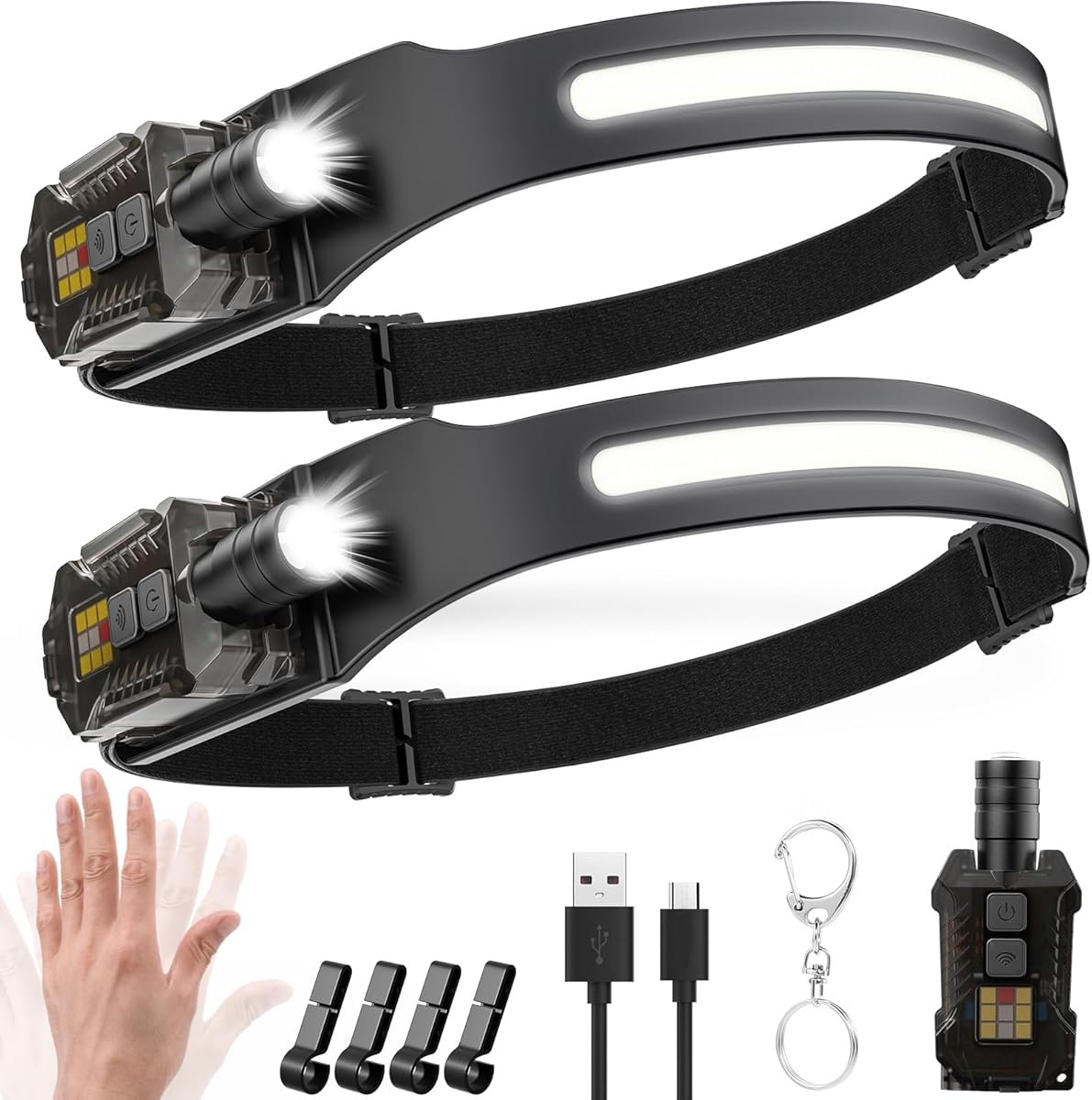 Headlamp Rechargeable,2000 Lumens Super Bright 230° Wide Beam Adjustable Focus Head Lamp with Motion Sensor,9 Modes with UV Light,Detachable Magnetic Lightweight Headlight for Running,Camping,Hiking