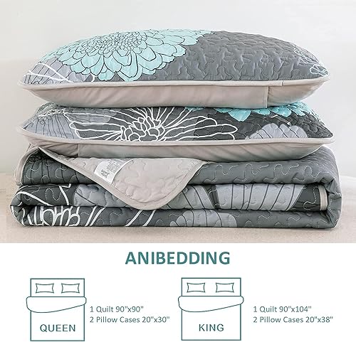 Miniatura 8 de Yiran Juego de edredón floral gris aguamarina tamaño King, juego de ropa de cama botánico de verano de 3 piezas, colcha ligera con estampado de