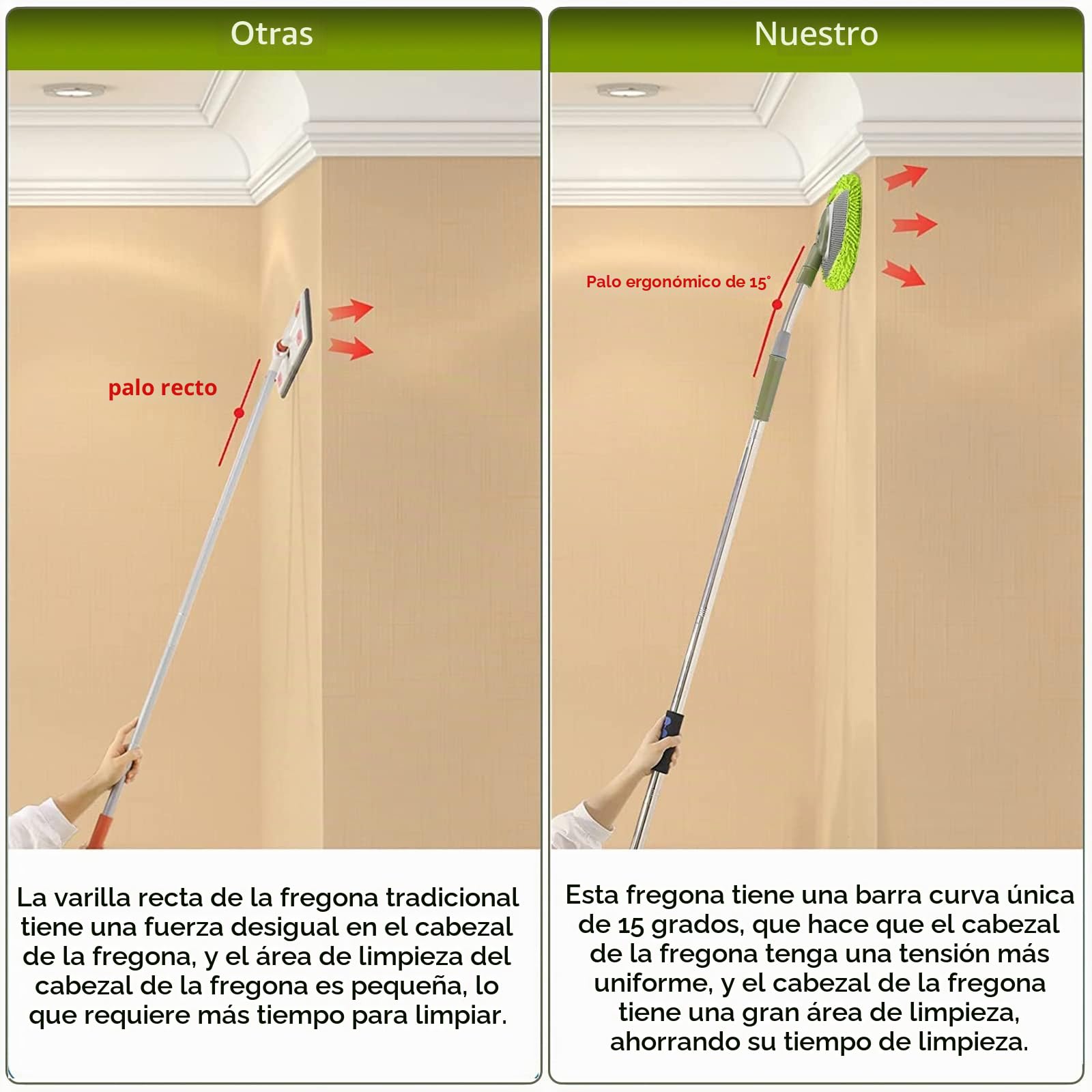Limpiador de Pared, mopa de Pared MAX de 66 Pulgadas con Mango Largo, mopa de Polvo de Techo con Poste de extensión de Codo de Ahorro de Mano de Obra de 15°, Limpiador de limpiaparabrisas de zócalo,