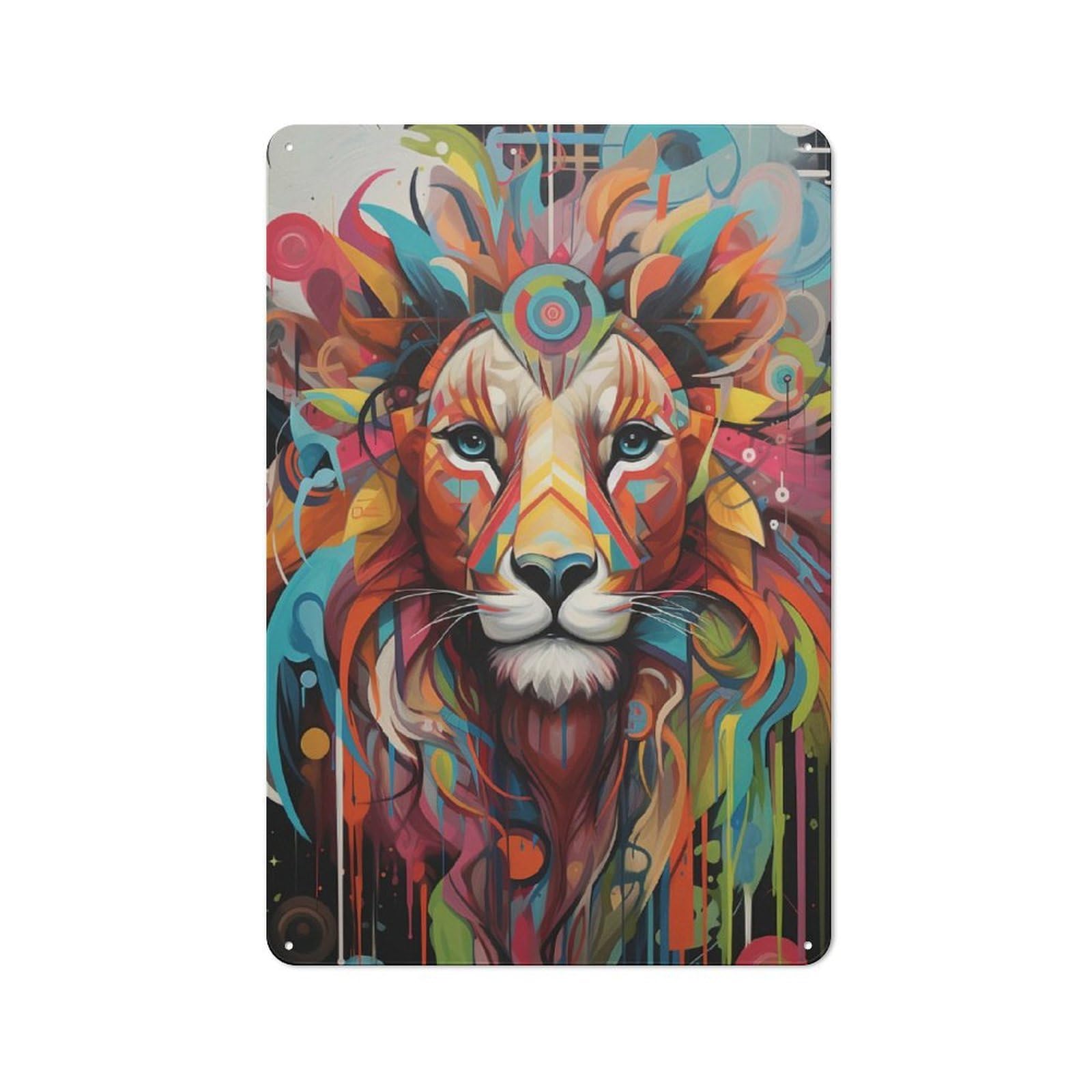 Junmoney Colorful Lion Abstract Art Tin Sign 30X20cm With For Workshop Wall, Retro Decor, For Metal Sign Collectors, For Cafés, Pubs And Restaurants