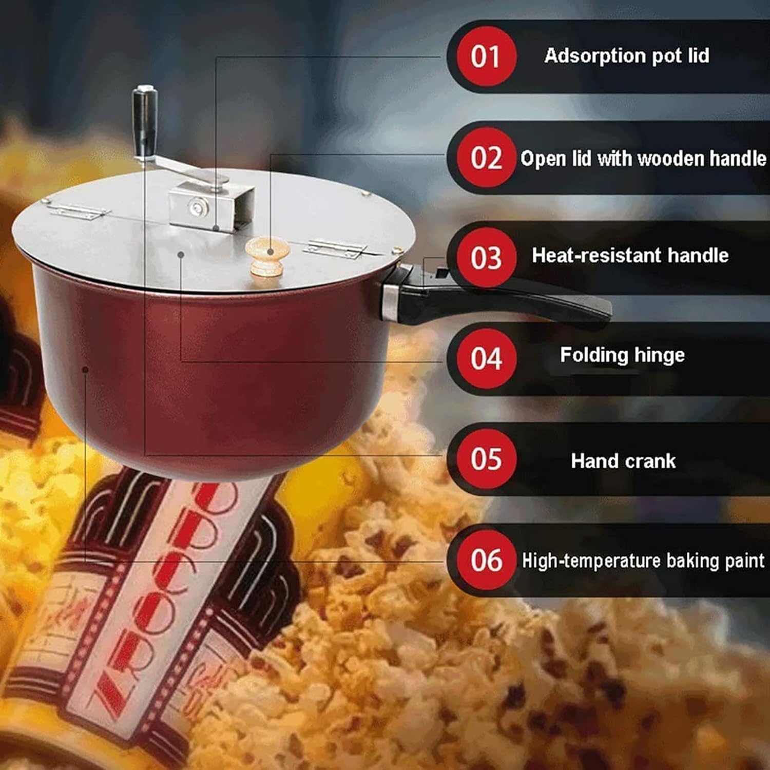 Máquina de palomitas de maíz para el hogar, olla de palomitas de maíz antiadherente de manivela a mano con mango antiquemaduras, tapa extraíble, varilla de agitación gruesa, cocina de inducción