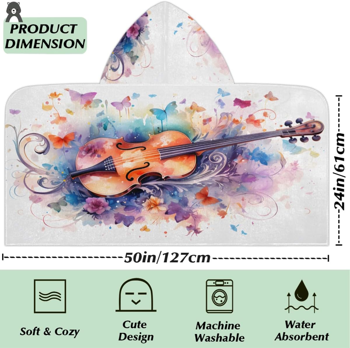 Pardick Kids Bath Towel Violin Butterfly Beach Towel with Hood Pool Cover Up for Girls Boys Soft Absorbent Hooded Bath Towel Toddler Towels for Beach, Pool