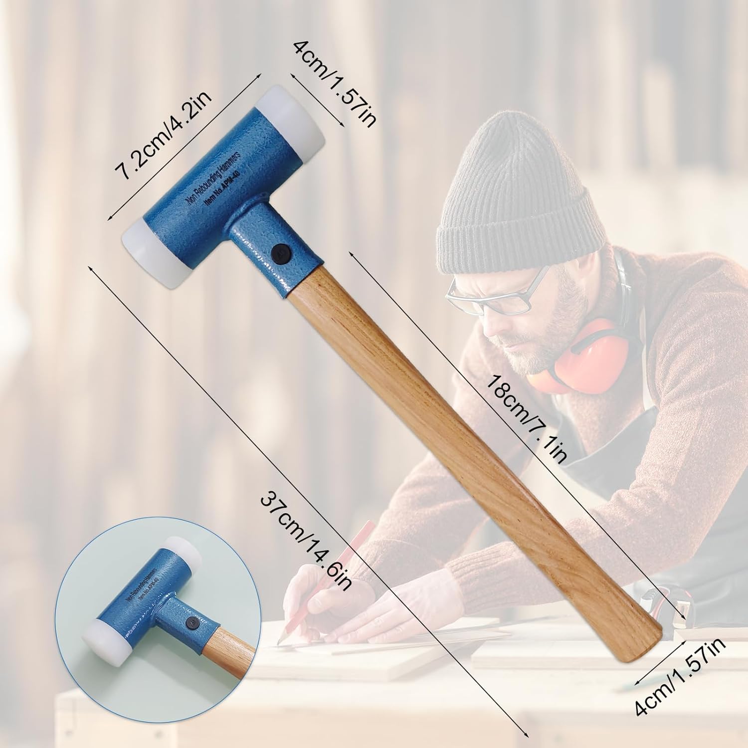 Dead Blow Nylon Hammer with Walnut Handle, Non-Marring Dual-Face Mallet with Steel Shot Core for Tile & Flooring Installation, Metalworking, Mechanical Repair and Assembly Tasks (Blue)
