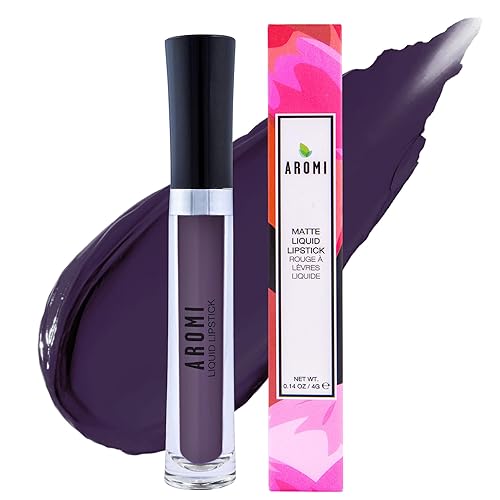 Aromi Lápiz labial líquido Black Plum mate, color de labios oscuro medianoche, vegano y libre de crueldad, lápiz labial opaco de larga duración