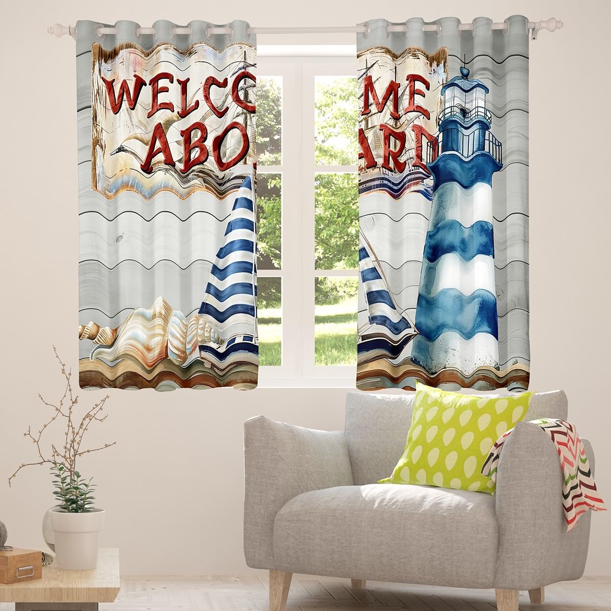 Tende nautiche costiere 66 x 90 L, navigazione, barca a vela, faro, spiaggia, conchiglie, finestre, blocca il 30% -50% della luce, rustica fattoria bordo in legno passacavo trattamento