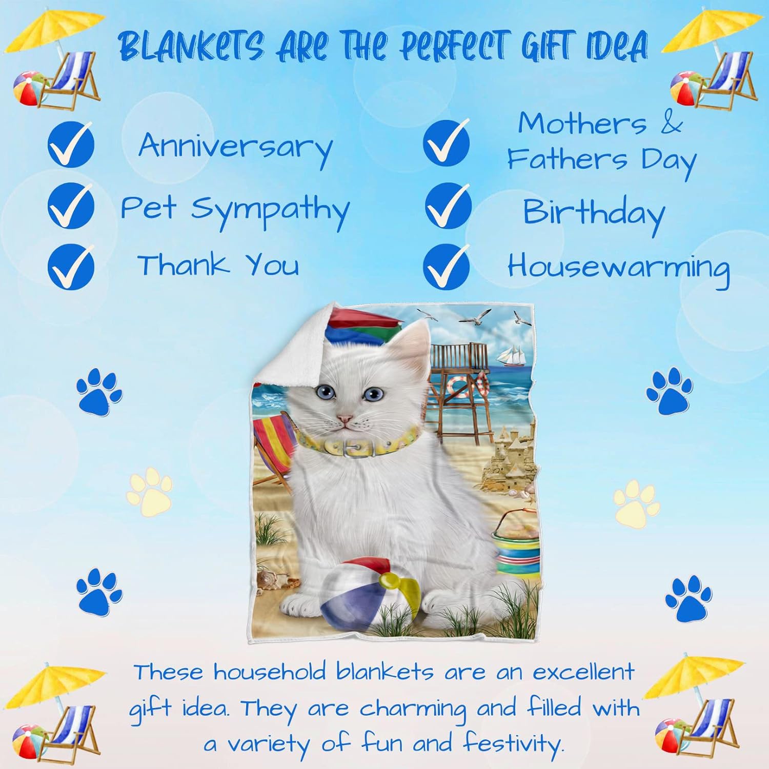 Pet Friendly Beach Turkish Angora Cat Blanket - Lightweight Super Soft Cozy and Durable Bed Blanket - Animal Theme Fuzzy Blanket for Sofa Bed Couch BLNKT57081 (50x60 Sherpa)