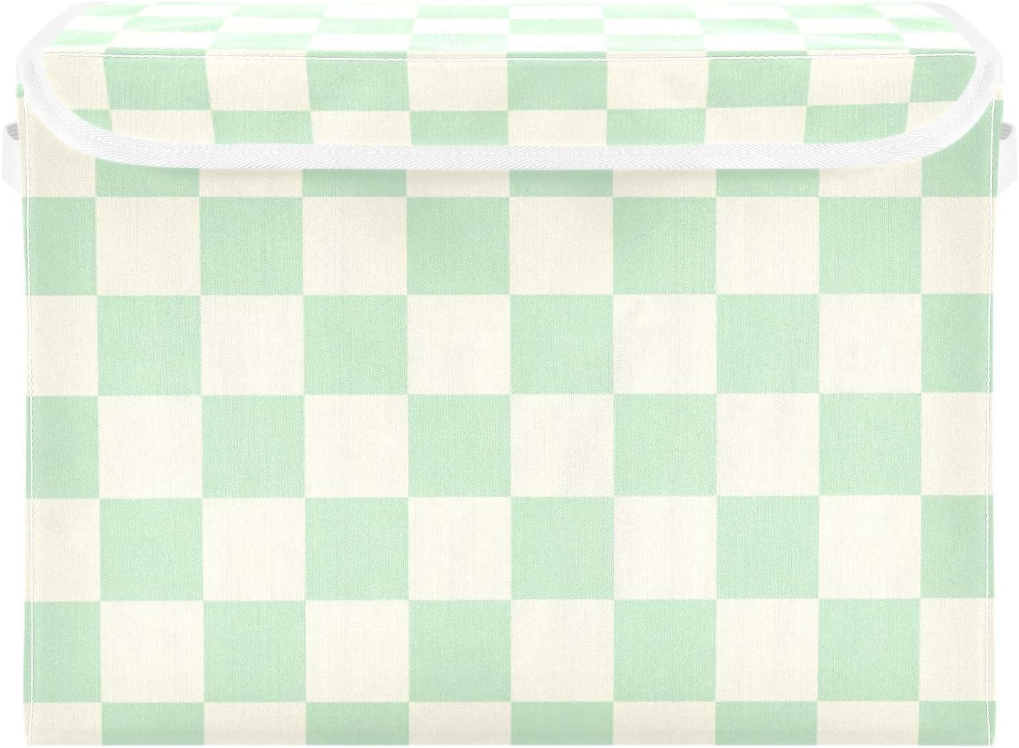 Checkerboard Mint Green Storage Box with Lid 1 PC Foldable Storage Bin with Lids Stackable Storage Bins Cube Closet Organizer Basket with Flip-Top Lid & Handles for Shoes Books Towels