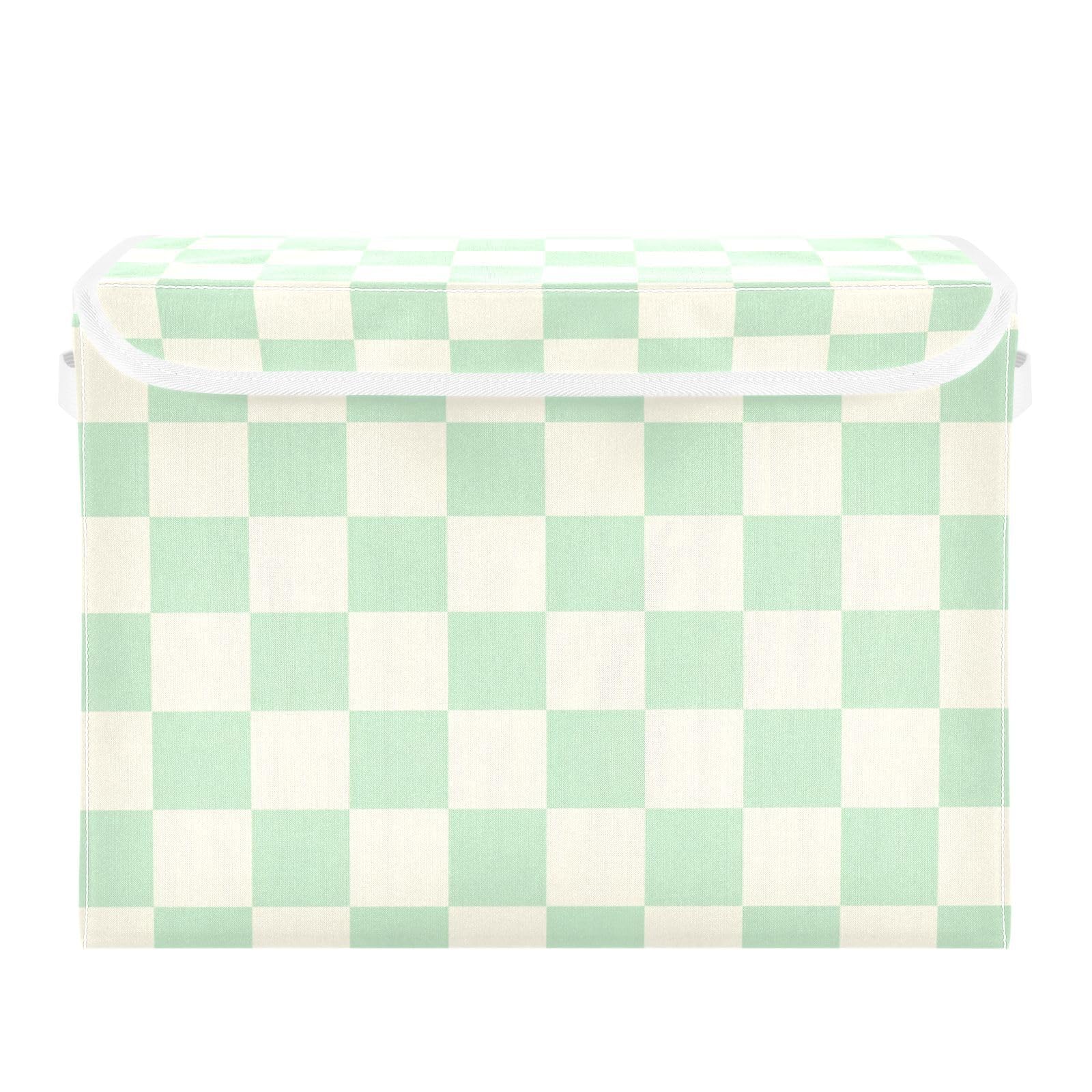 Checkerboard Mint Green Storage Box with Lid 1 PC Foldable Storage Bin with Lids Stackable Storage Bins Cube Closet Organizer Basket with Flip-Top Lid & Handles for Shoes Books Towels