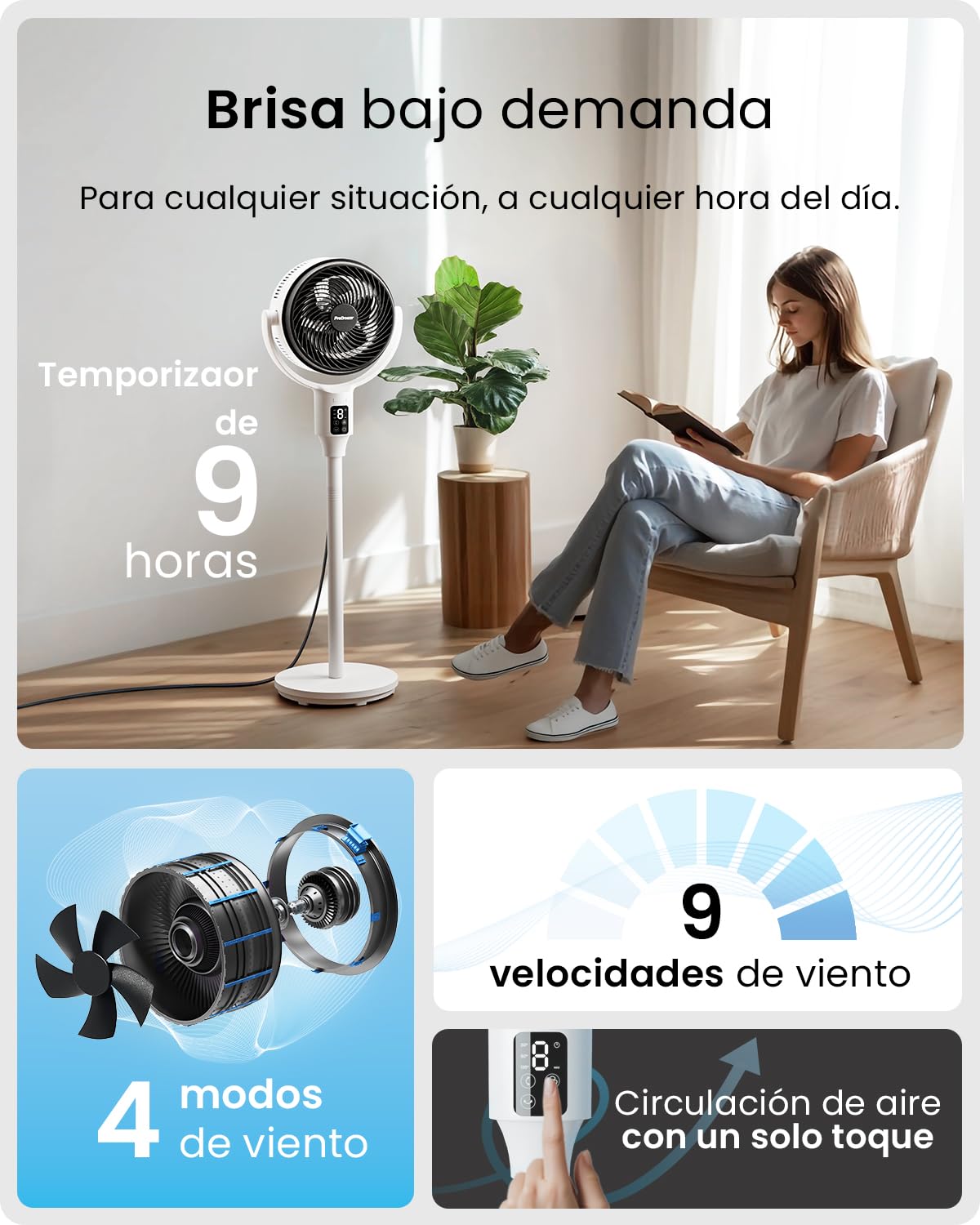 Pro Breeze AirFlo Ventilador de Pie Silencioso con altura ajustable 108-60cm, Pantalla LED, Mando a distancia, 9 Velocidades, Oscilación Vertical y Horizontal – Hogar y Oficina