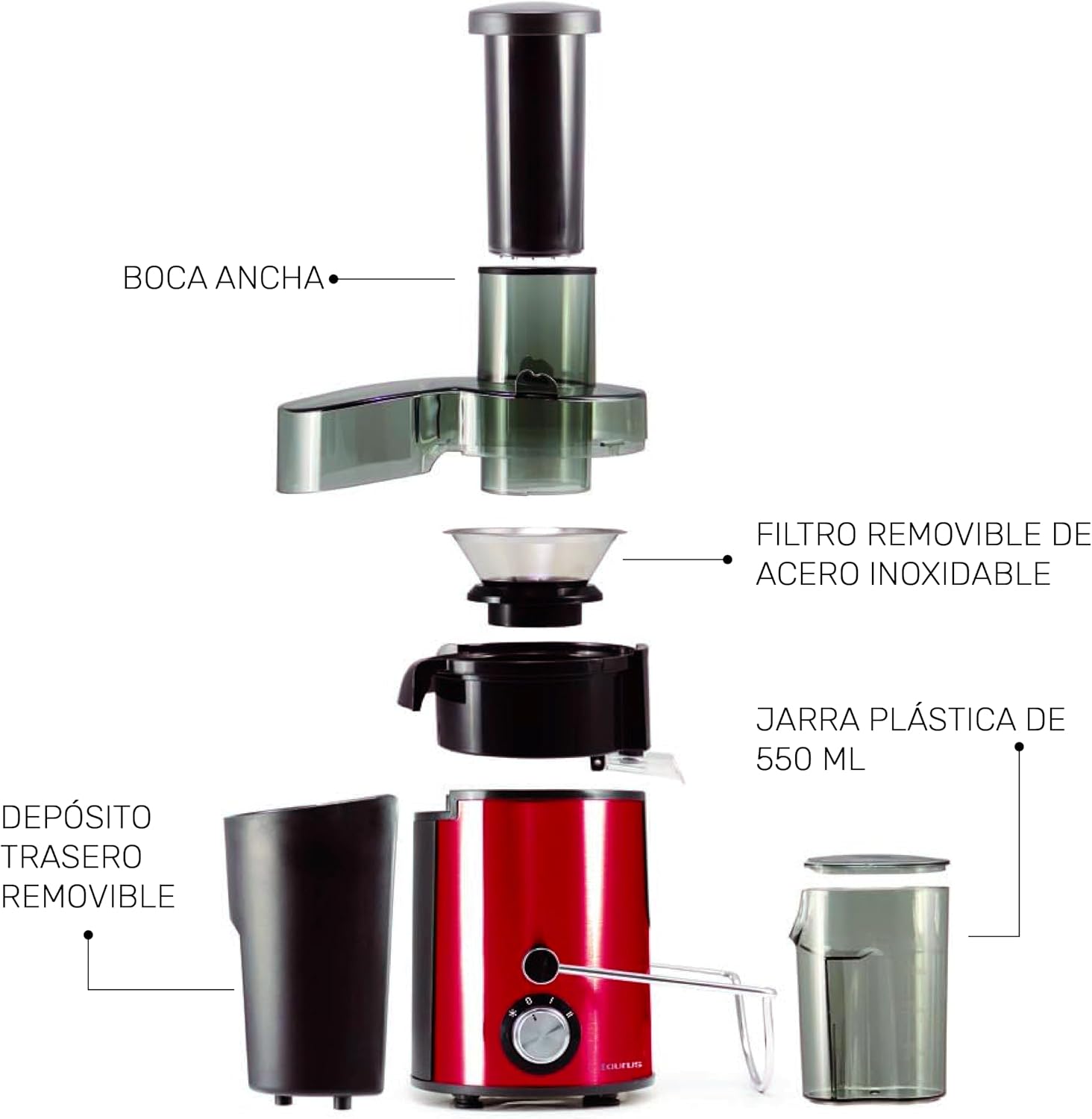 Explodierte view of Taurus Centurion Juicer components, including wide mouth feeder, stainless steel filter, 550ml plastic jug, and removable pulp container.