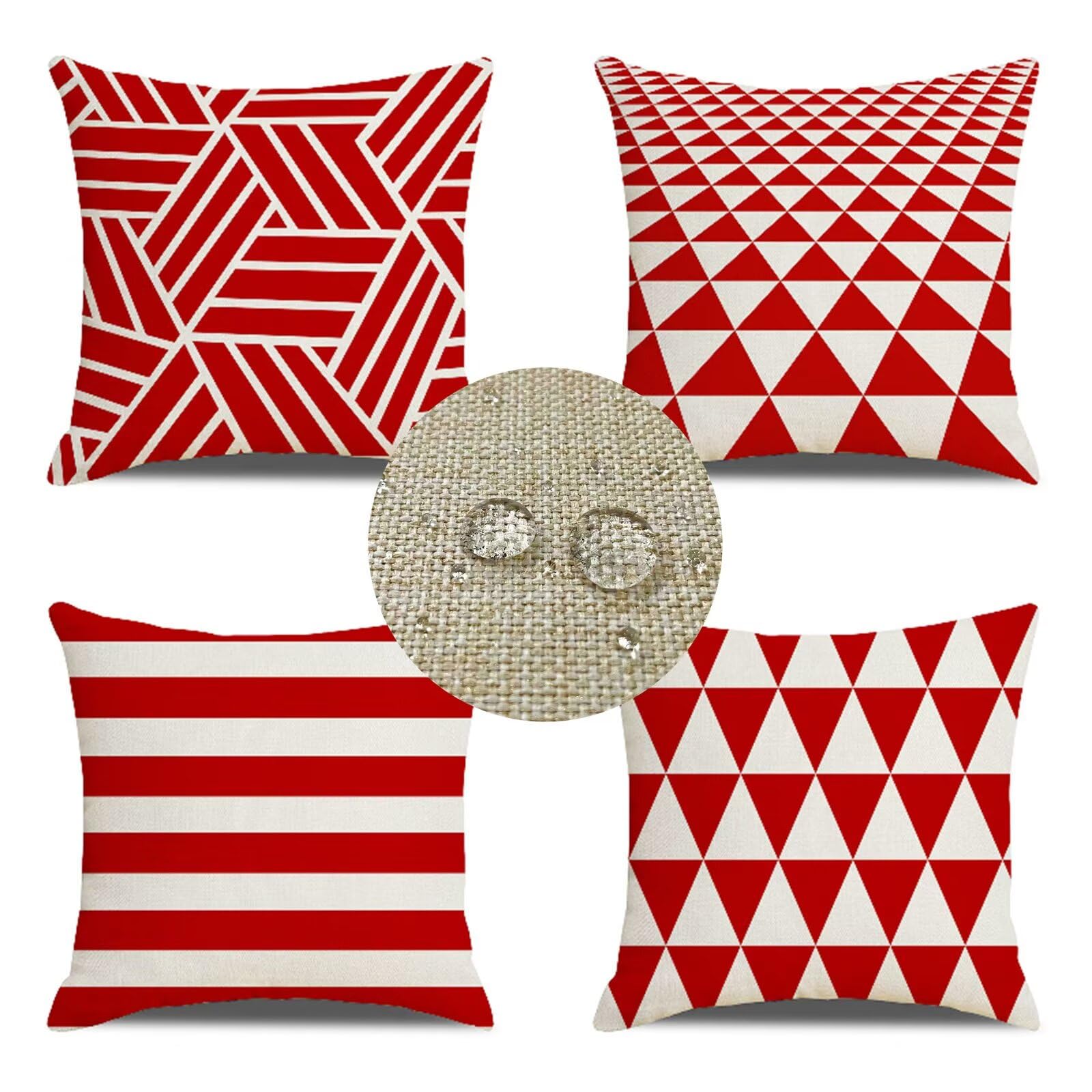 Juego de 4 Funda Cojin 60x60cm Fundas Cojines Sofa Rojo Doble Cara Lino Cojines Exterior Impermeable Geometría Cuadrado Funda de Almohada para Sofá Coche Cama Sillas Cojines Decorativos S-6908