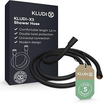 KLUDI -X3 Universal Shower Hose 1.60 m Made of Easy-to-Clean Plastic, Flexible Shower Hose with Double Twist Protection, Kink-Resistant, Standard Connection, Shower Hose Matte Black