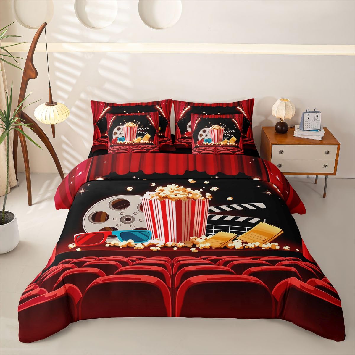 Loussiesd Set di biancheria da letto con copripiumino a tema cinema, 7 pezzi, super king size, stile cinema, per bambini, ragazzi e ragazze, stampa popcorn, decorazione per la stanza, morbida e