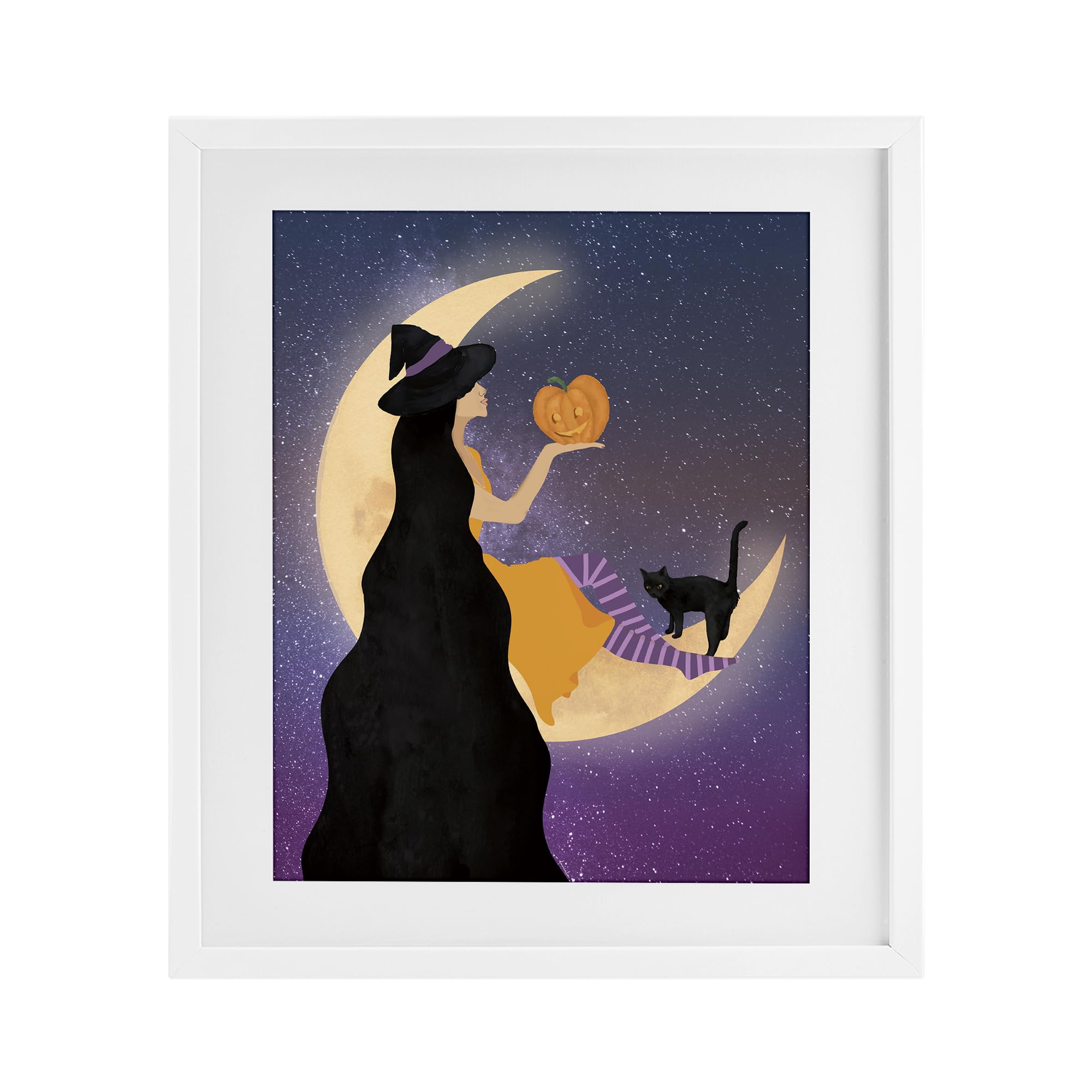 Stupell Industries 'Moonlit Witch Holding Jack-o-Lantern', Framed Print Under Glass, White, 13 x 16 Inches, Easy to Hang and Sturdy, Made in USA, by Daniela Santiago