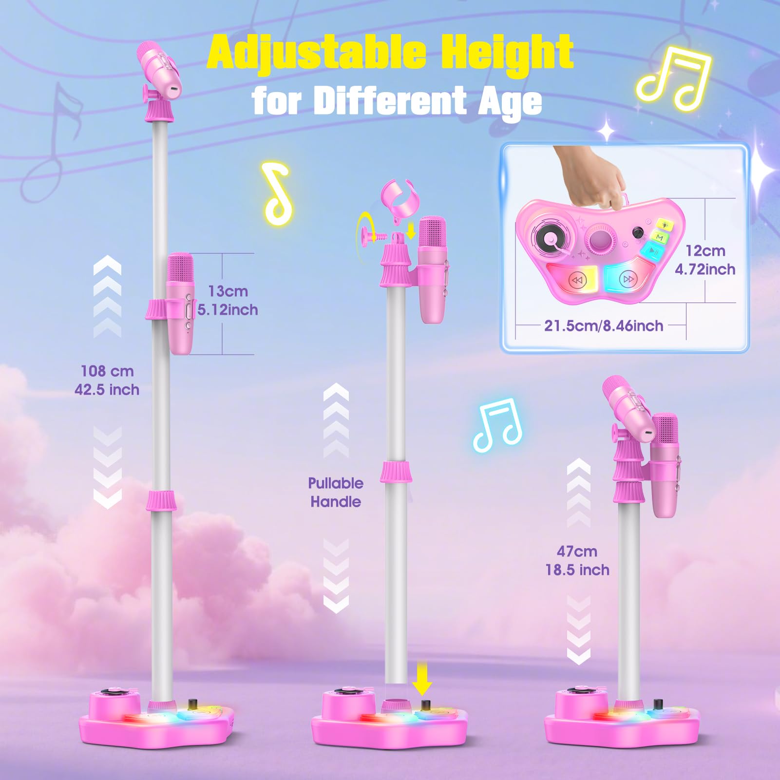 Macchina per karaoke con supporto regolabile per bambini, microfono ricaricabile da 3 a 8 anni, altoparlante Bluetooth portatile con 2 microfoni, regalo per feste di compleanno per bambine di età 3 4