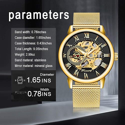 Miniatura 4 de Dentily Reloj de esqueleto para hombre clásico con número romano Steampunk Reloj mecánico Relojes de viento para hombre (azul)