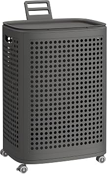 SONGMICS Laundry Hamper with Wheels, Plastic Laundry Basket, 19.8 Gallons (75 L), Slim Storage Basket, for Bathroom, Bedroom, Dark Gray URLH020G101