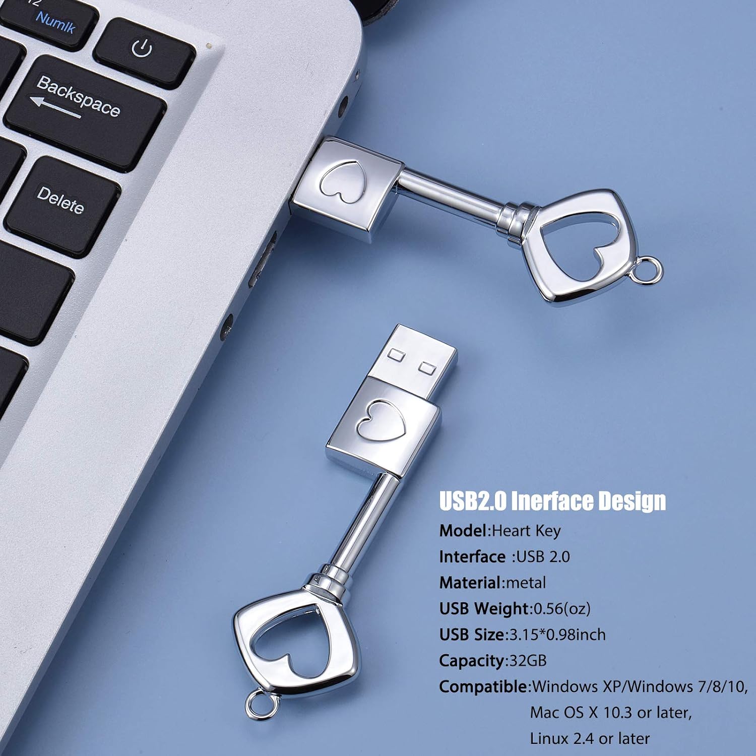 Weewooday 2 Pieces Thumb Drives Flash Drives Metal USB 2.0 Memory Drive Stick Key Heart Shaped with 2 Pieces Necklaces for Graduation Presents