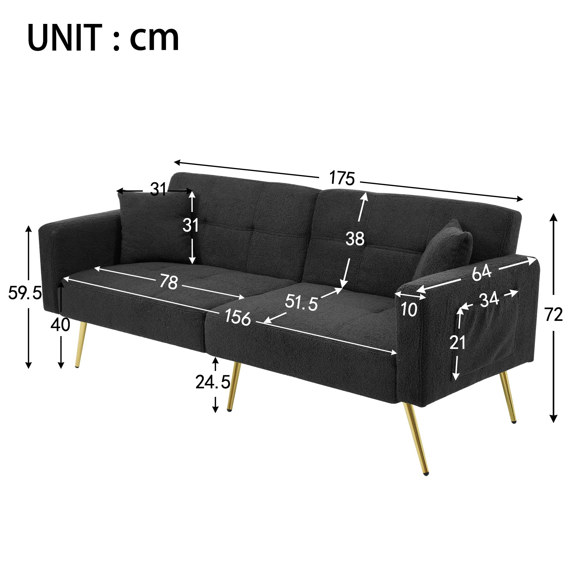 Kebnor Sofá cama con función de cama, ángulo ajustable, patas doradas, con cojines y bolsillos laterales de almacenamiento (gris oscuro)