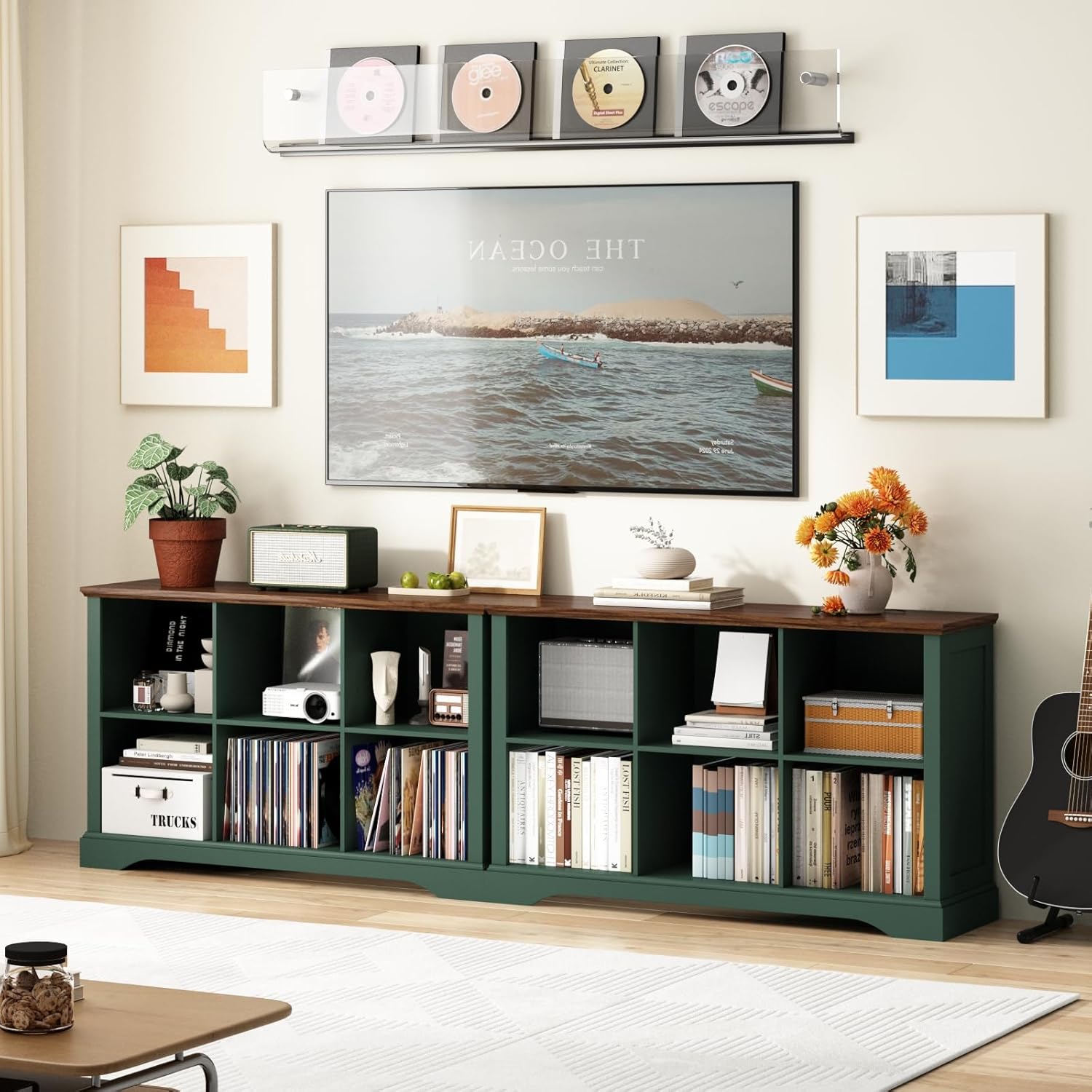 6 Cube Storage Organizer - 47.4" Farmhouse Wood Low Bookshelf, 3 Tier Horizontal Open Shelf Bookcase Cubby Storage Console Cabinet for Living Room, Entryway, Office, Green