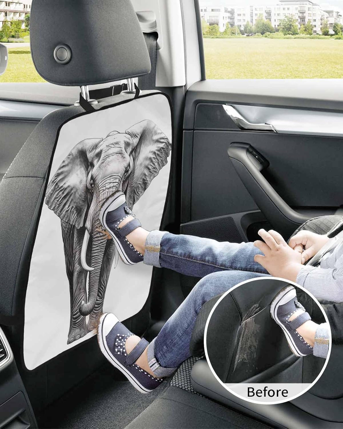 T&H XHome Car Seat Protector, 2 Pack Kick Mats Back Seat Protector Animal Theme Gray Elephant Waterproof Backseat Cover for Kids Universal Fit Automotive Interior Protectors