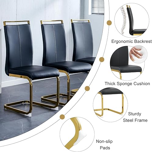 Miniatura 5 de Moderno juego de mesa de comedor para 4, juego de mesa de comedor dorado de 55 pulgadas con 4 sillas de piel sintética negra, mesa de madera negra