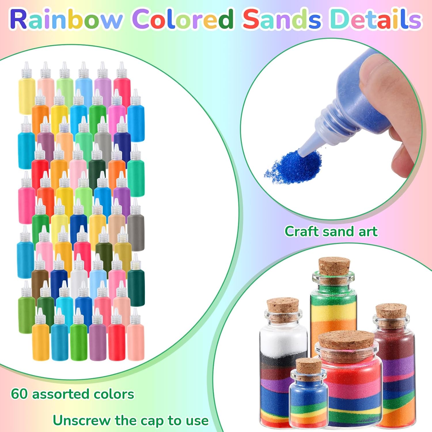 Wettarn 60 Pcs Colored Art Sand 1.25 oz Bottles Non-Toxic Sand Arts and Crafts Kit for Kids DIY Scenic Painting Valentines Wedding Decoration Diwali Rangoli Vase Glass Craft (Bright Colors)