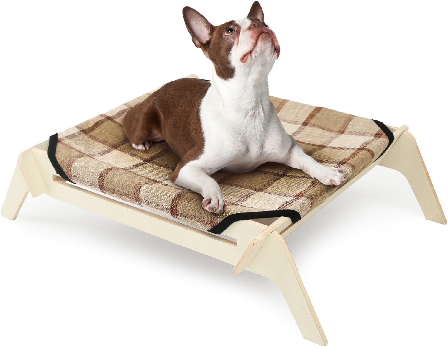 PLS Manufacturing Wooden Elevated Dog Bed, Large, Plaid Canvas, Raised Dog Bed Off The Ground, Natural Plywood Frame, Pet Cot