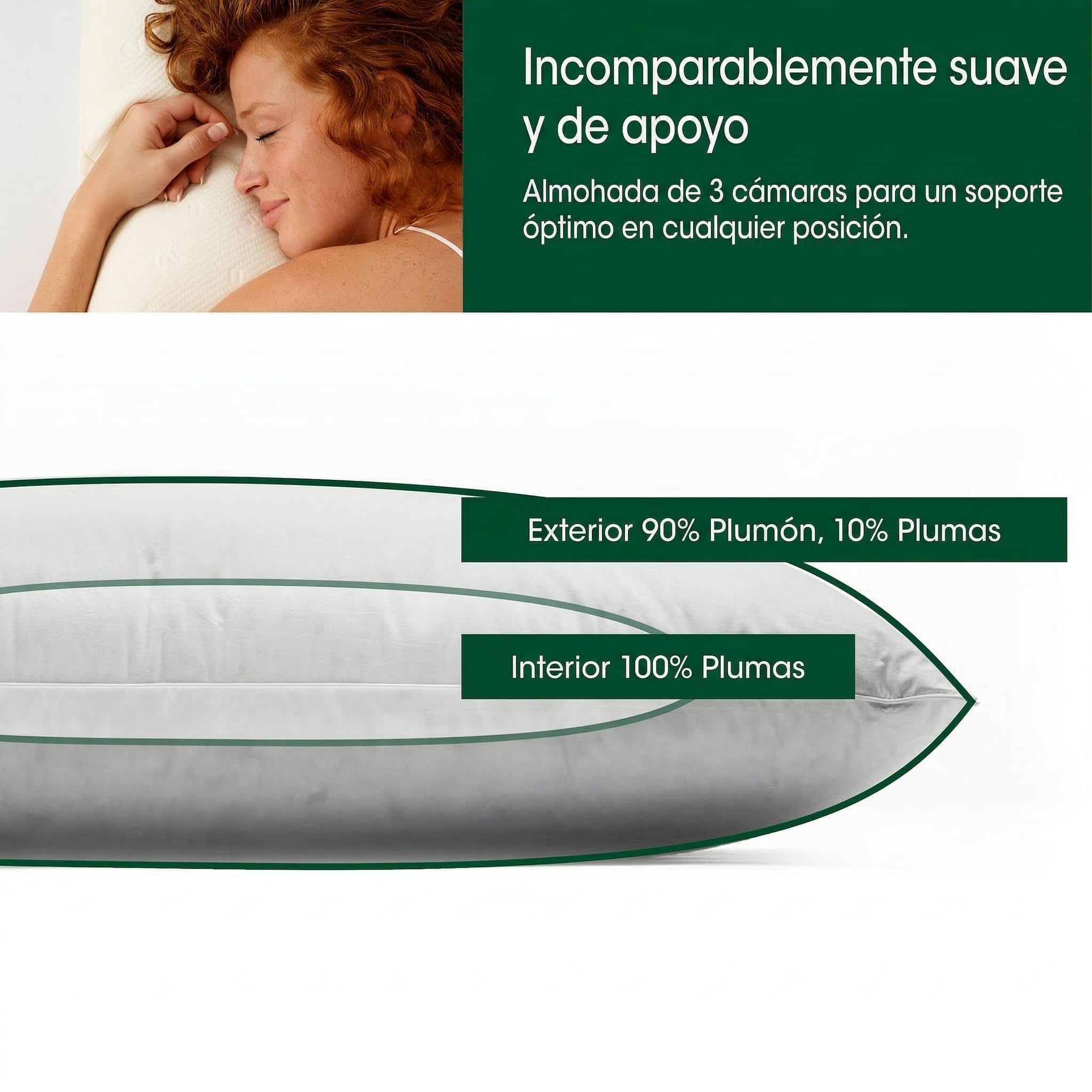 Premium de Luxe Almohada de plumón 50x75 cm - Fabricado en Alemania Almohada de plumas de 100% algodón - Almohada de plumón de 3 cámaras para alérgicos [1er Pack]