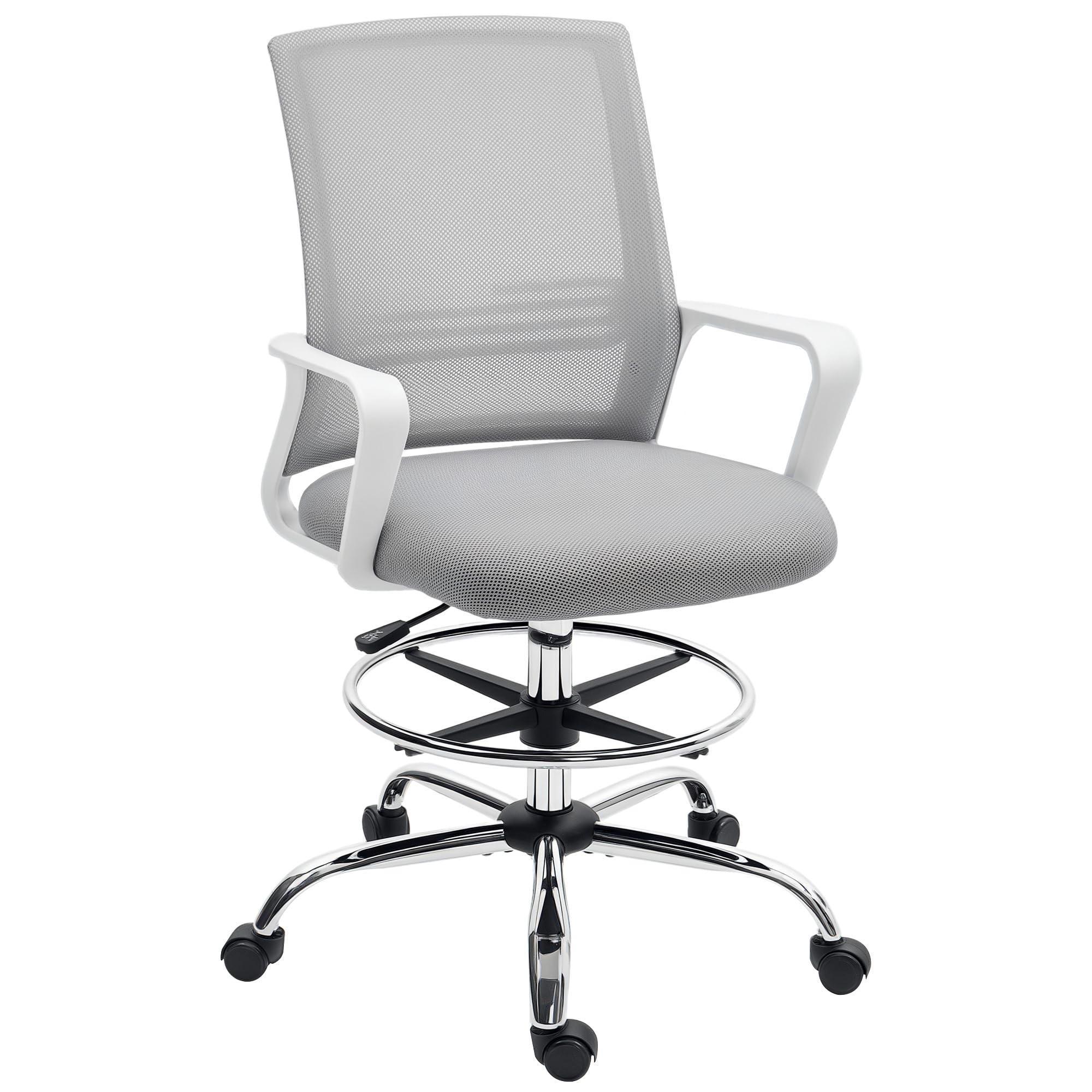 HOMCOM Drafting Chair, Swivel Draughtsman Chair, Ergonomic Office Chair, Mesh Standing Desk Chair with Lumbar Support, Adjustable Foot Ring, Adjustable Height, Grey