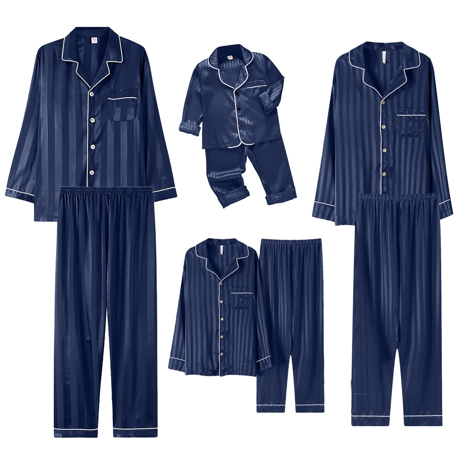 CGGMVCG Silk Satin Family Christmas Outfits Matching Sets Striped Button Down Shirt and Pants Silky Xmas Clothes for Pictures (Navy, 13-14)