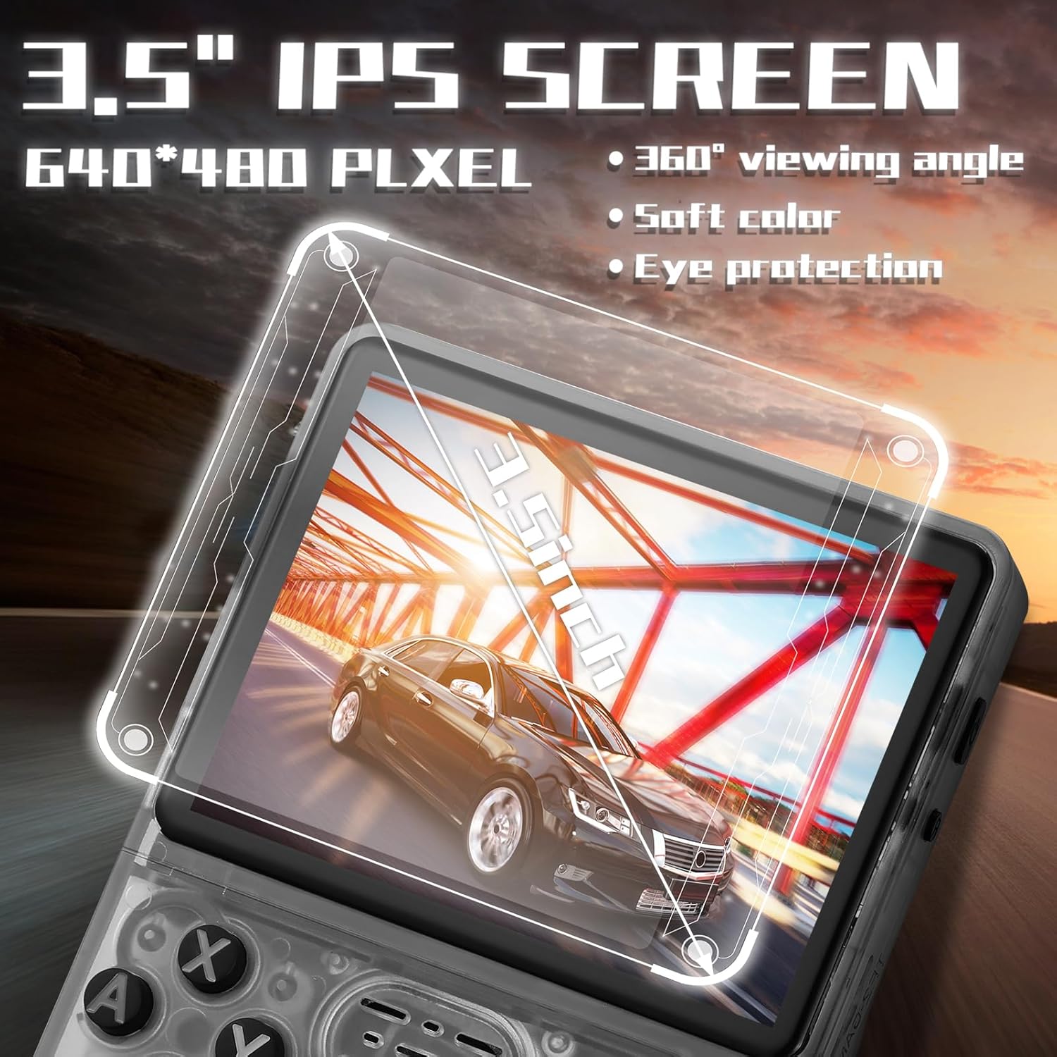 R36S console screen highlighting 3.5 inch IPS display with 640x480 pixel resolution