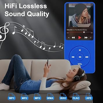 128GB MP3 Player with Bluetooth 5.0, COVVY Portable Digital Music Player with Built-in HD Speaker, FM Radio, E-Book Function, Earphones Included (Dark Blue)