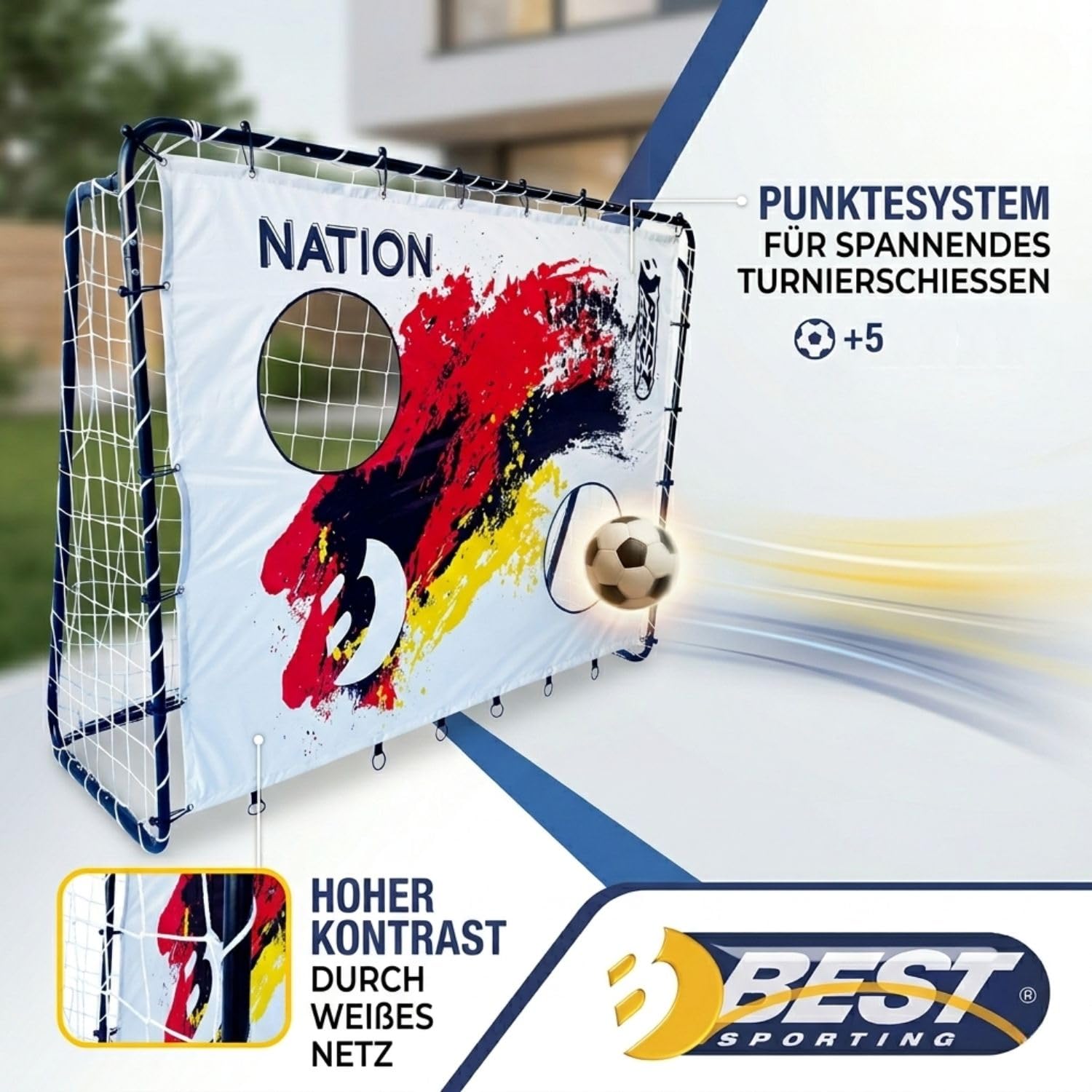 Best Sporting Fußballtor Kinder mit Torwand Nation, perfekt für WM- & EM-Veranstaltungen | 2-in-1 Fussballtore für Garten Kinder im Deutschland Design - 213 x 152 x 76 cm mit 2 Schusslöchern