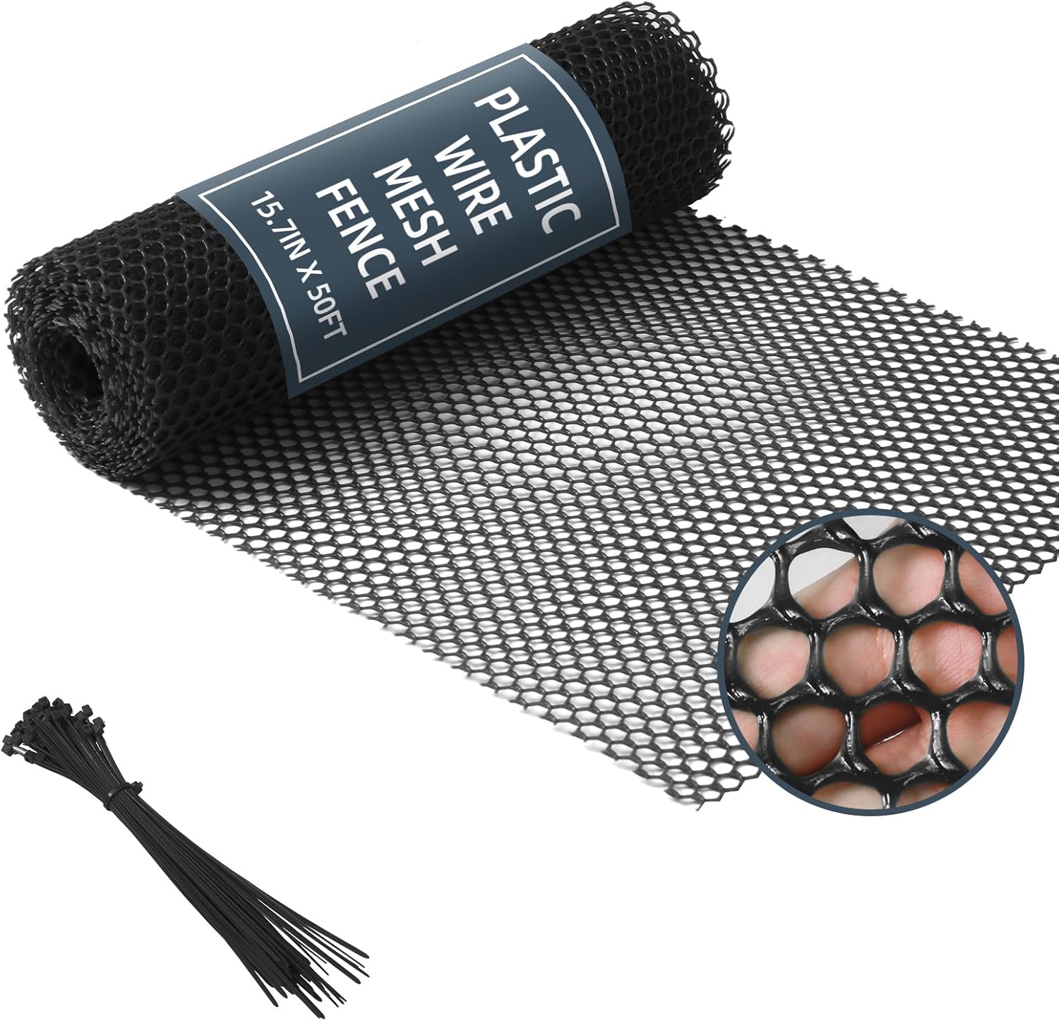 Plastic Wire Mesh Fence, 1.3ft x 50ft /15.7in x 600in Plastic Chicken Wire Fence Mesh Versatile Plastic Fencing Wire Netting Poultry Animal Barrier Fence with 150 Zip Ties for Garden & Farm, Black