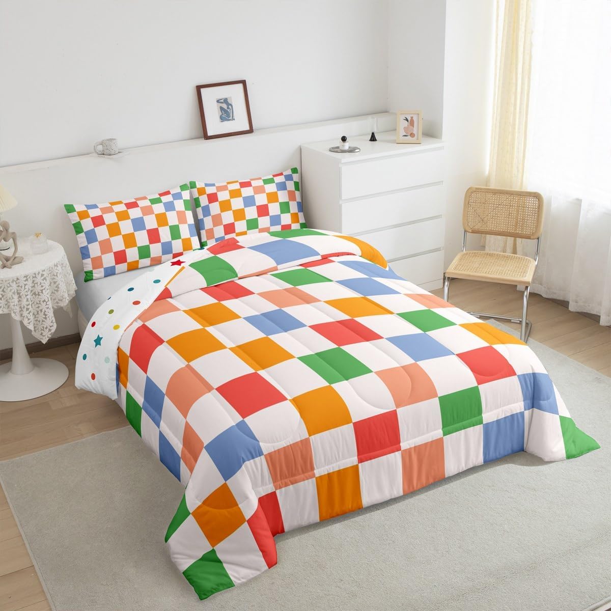Feelyou Checkered Retro Bedding Set Teen Women Men Rainbow Colorful Plaid Comforter Set Twin Size Kids Boys Girls Geometric Vintage Duvet Insert Modern Simple Groovy Aesthetic Room Decor