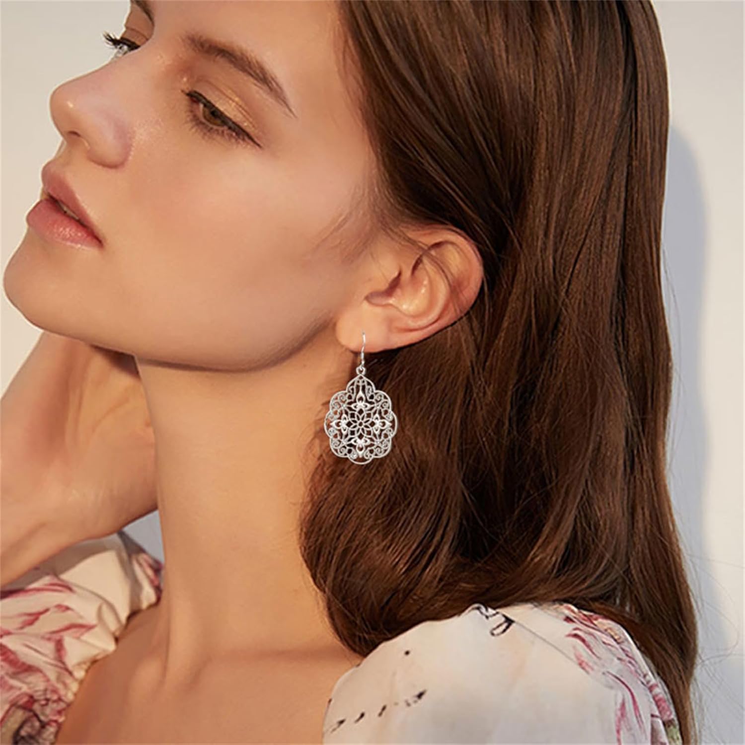 coadipress Boho Filigree Hollow Out Geometric Earrings for Women Bohemian Vintage Metallic Cutout Metal Flower Large Drop Earrings Flower Carved Long Dangle Drop Earrings Ethnic Style Party Jewelry Gifts - Image 2