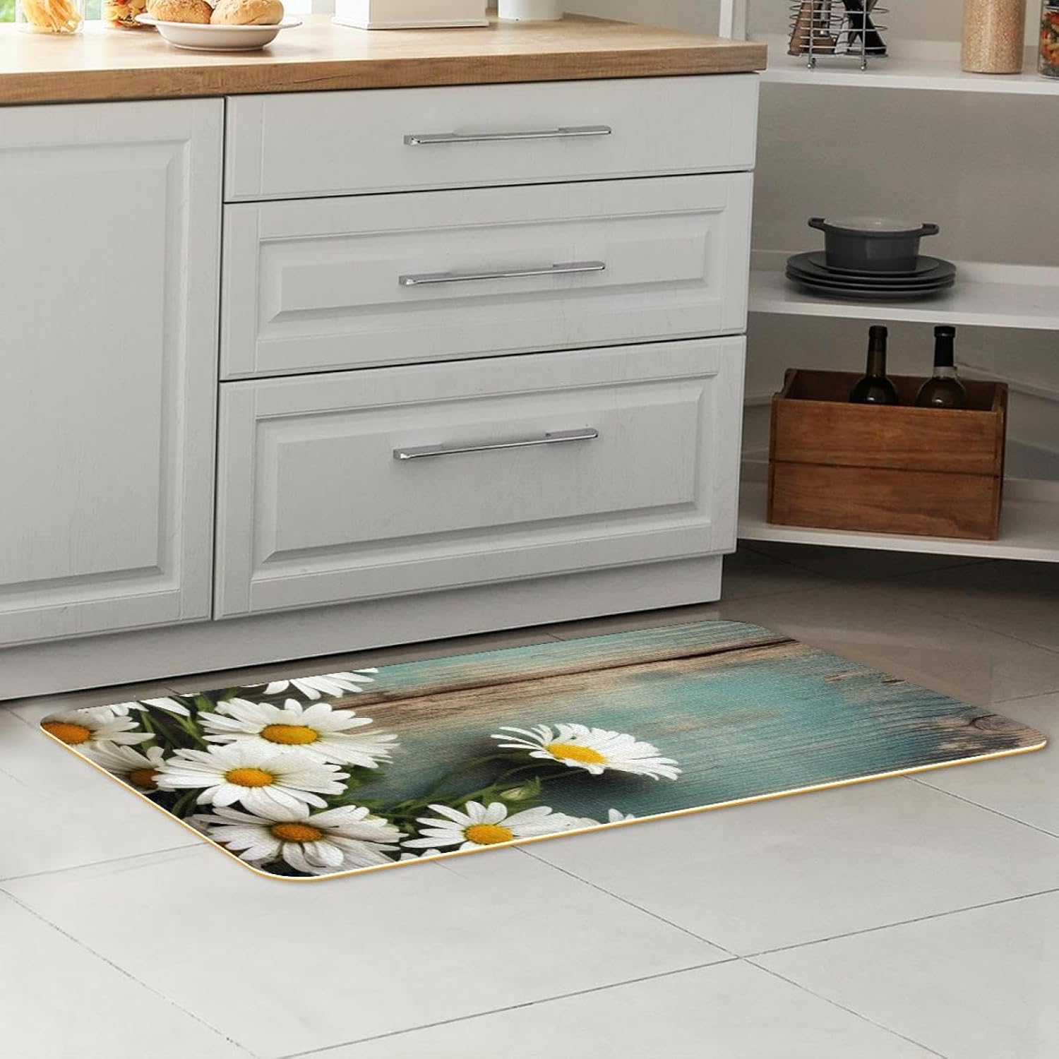 Daisy Flowers on Old Wooden Background Kitchen Mats and Rugs 2 Pieces Set Absorbent Kitchen Runner Rug for in Front of Sink Kitchen Floor Mats Comfort Standing Desk Mat Pads
