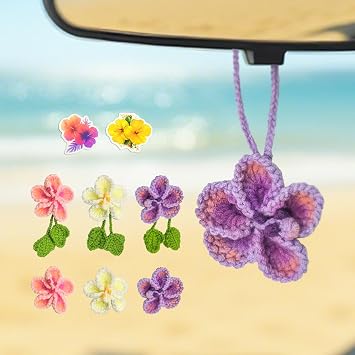 Handmade Crochet Hibiscus Flower Car Mirror Hanging Accessories Cute Tropical Rearview Mirror Charm for Women and Girls, Girly Car Decor with Stickers, Hawaiian Beach Inspired Gift Purple