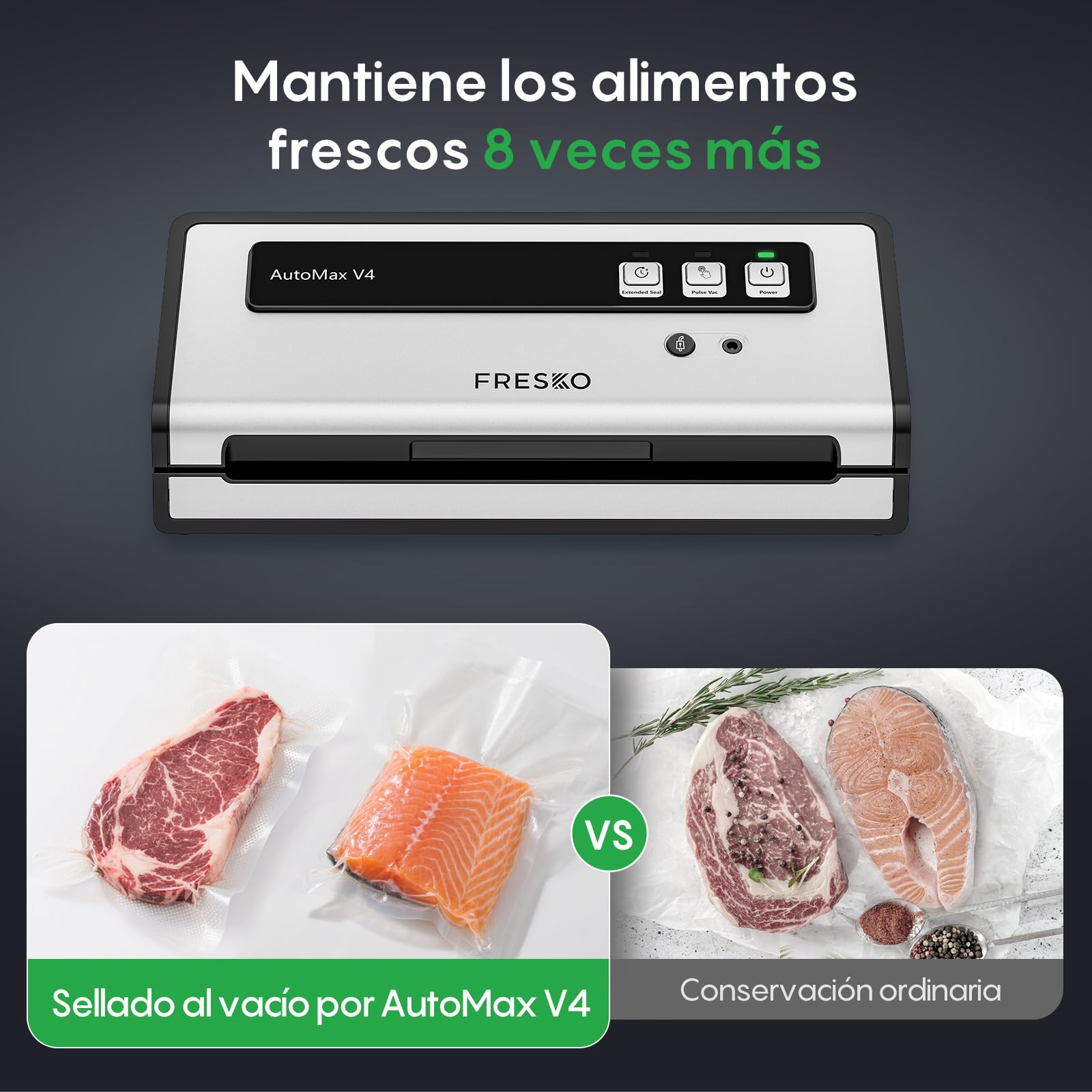 FRESKO Envasadora al Vacío Automática, 140W con Doble Sellado por Calor, Modo Seco/Húmedo, Uso con Una Mano, Incluye 10 Bolsas Pre-cortadas y 4 Kit para sellar tarros Mason (Automax V4)
