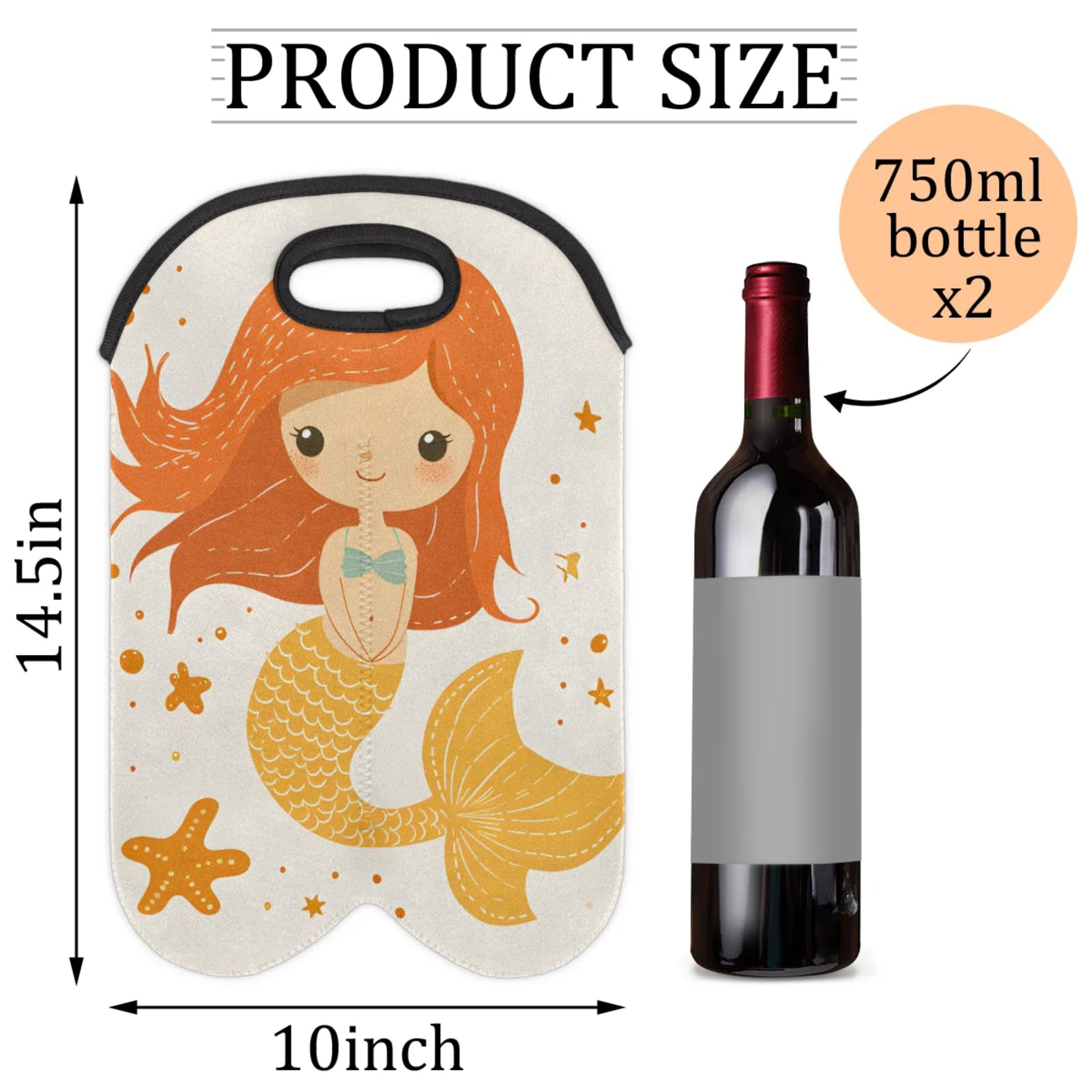 GzLeyigou 2 Bottles Orange Mermaids Wine Bag Sleeve Totes Neoprene Protective Wine Carrier Bag for Wine,Water, Champagne, Beer, Baby Bottles,Gift 14.5 x 10 Inches