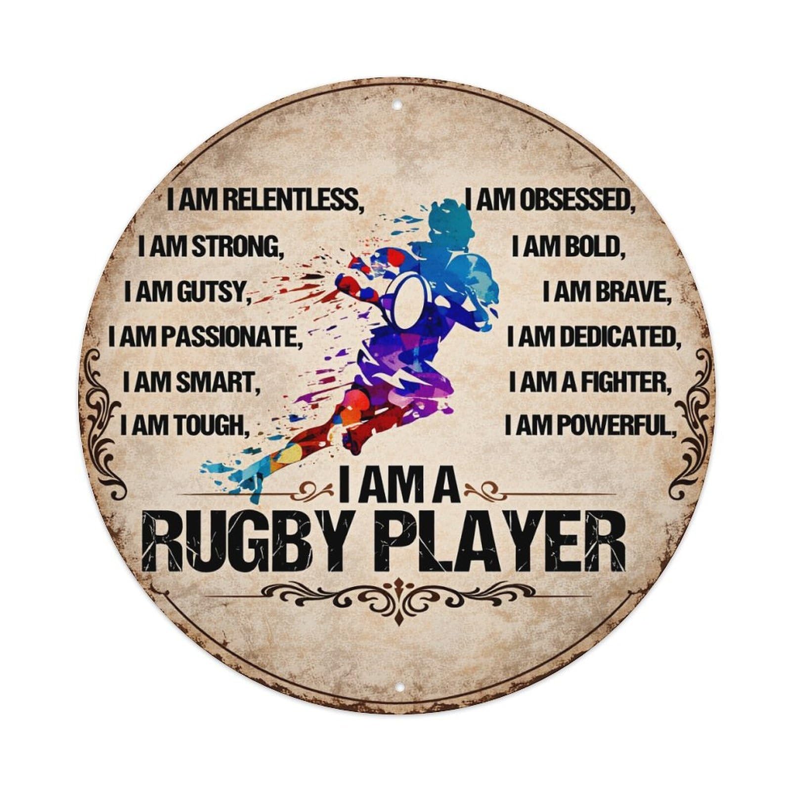 Rugby Player Motivational Artwork Round Tin Sign Retro Metal Sign for Cafe Bar Pub Home Game Room Gym Club Wall Decoration Vintage Metal Poster 8x8 Inch