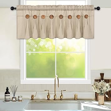FRAMICS Farmhouse Valance Curtains, Boho Cotton Linen Kitchen Valance, Rustic Button Window Valances for Kitchen Bathroom Bedroom, Country Rod Pocket Valances for Windows, Linen Color, 52 x 18 Inch