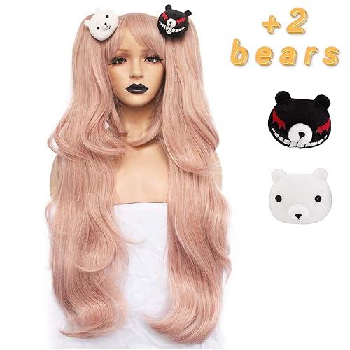 ANOGOL Cabello 2 osos Peluca larga sintética de color rosa claro para niñas disfraz de fiesta Halloween Navidad peluca con accesorio para el ANOGOL Cabello 2 osos Peluca larga sintética de color rosa claro para niñas disfraz de fiesta Halloween Navidad peluca con accesorio para el