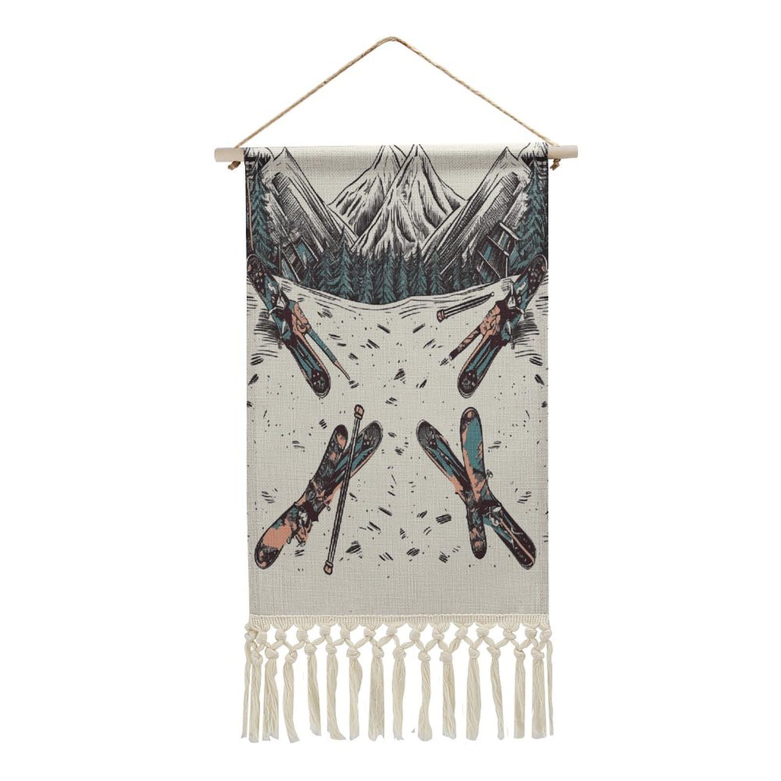 Adfgyerh Style Skiing With Gear Set Tapestry With Tassels Cotton And Linen Hanging Posters, Wall Art For Travel Gift, Wall Tapestry For Office Home Decor Bedroom Living Room Decor